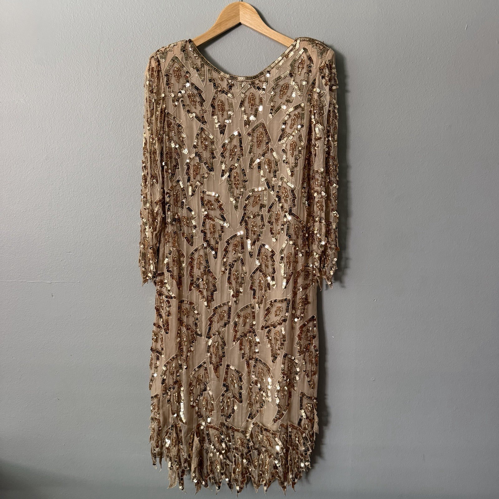 Vintage Scala Attributed 100% Silk Beaded Sequin Cocktail Dress M Champagne Gold