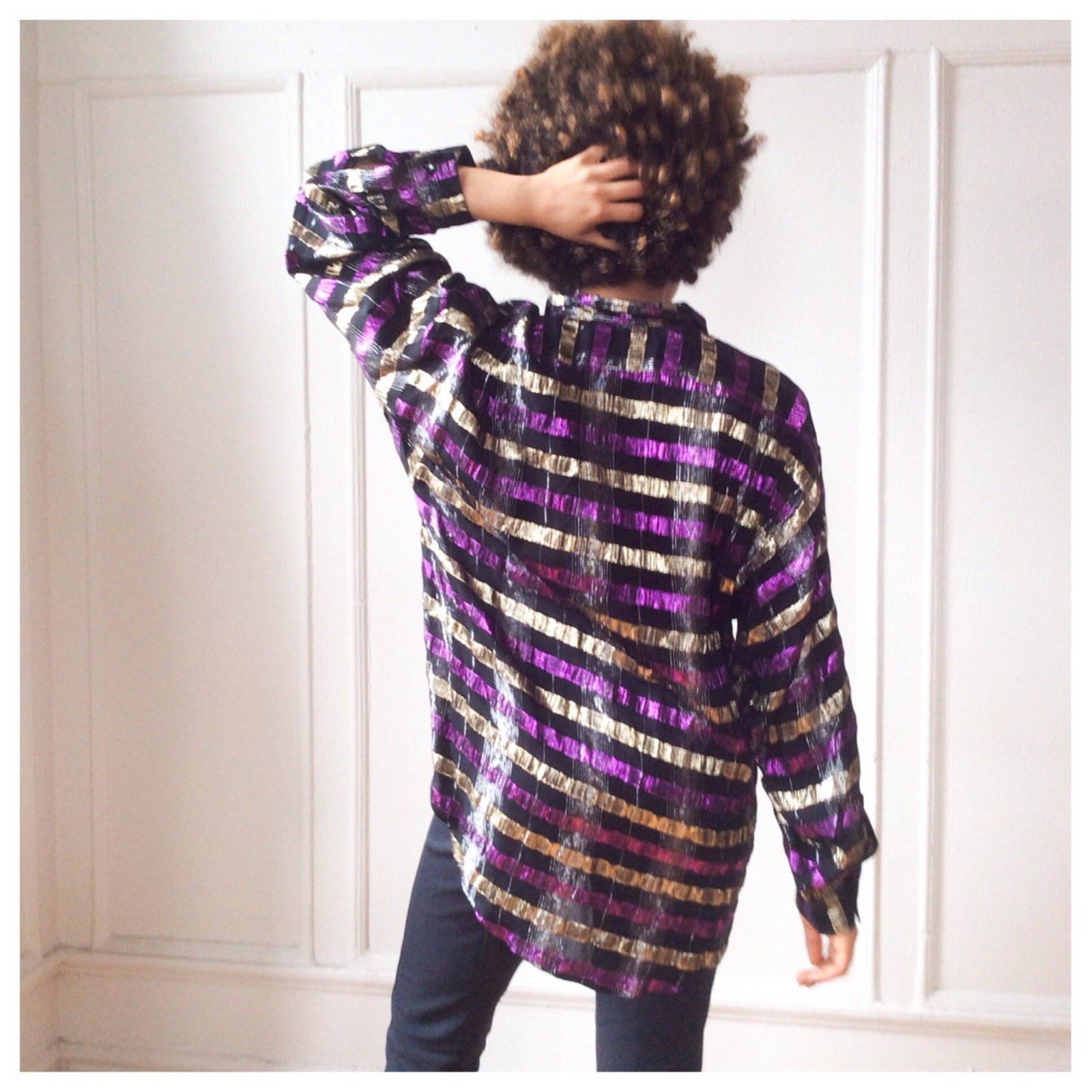 Metallic Threaded Oversize Disco Shirt Blouse Rayon Plaid Purple and Gold
