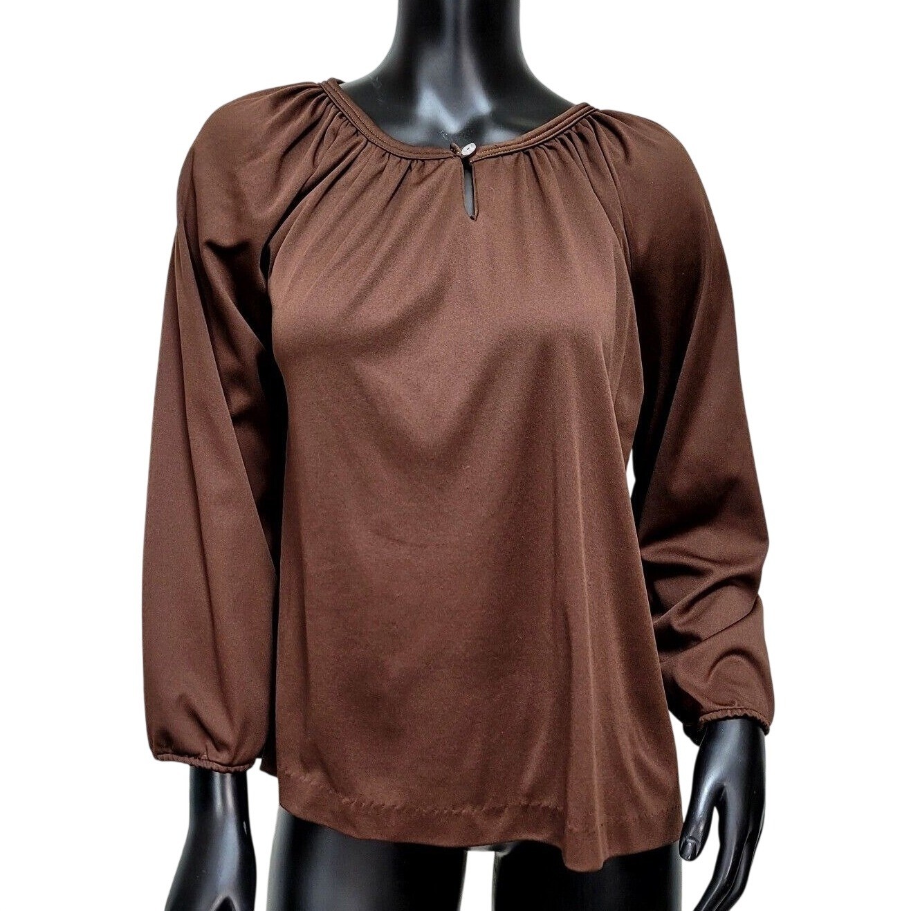 Vintage 70s Brown Polyester Blouse Womens M Bell Sleeve Disco Keyhole Neckline
