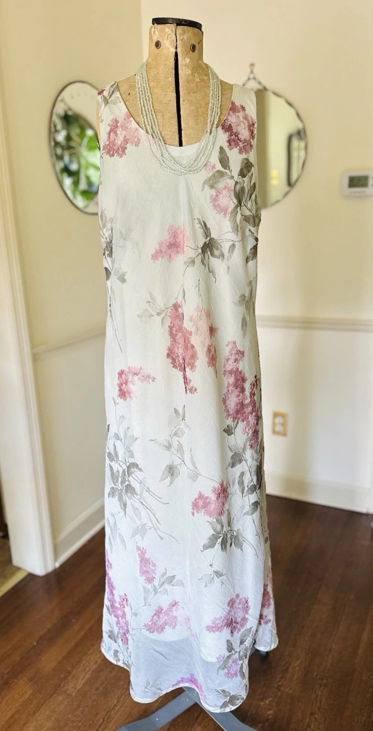 Vintage 90s Pastel Watercolor Floral Maxi Dress Green Purple Lilacs Slinky Sz M