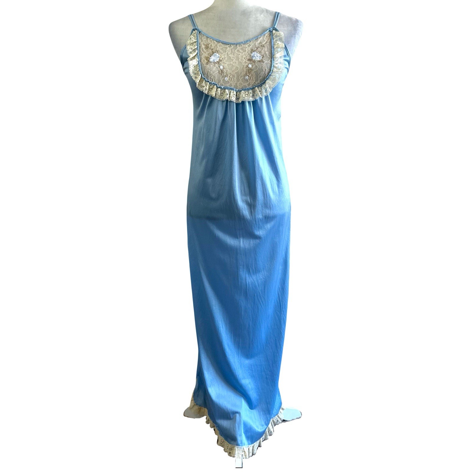 Mistra Vtg 80s Light Blue Ruffle Bibe Embroidered Floral Maxi Nightgown Womens S