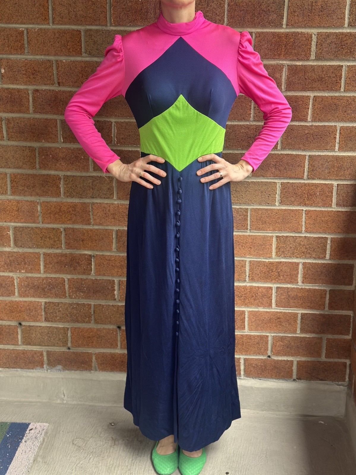 Vtg 60s 70s MOD Pop Art Neon Color Block Long Sleeve Mock Neck Maxi Dress M