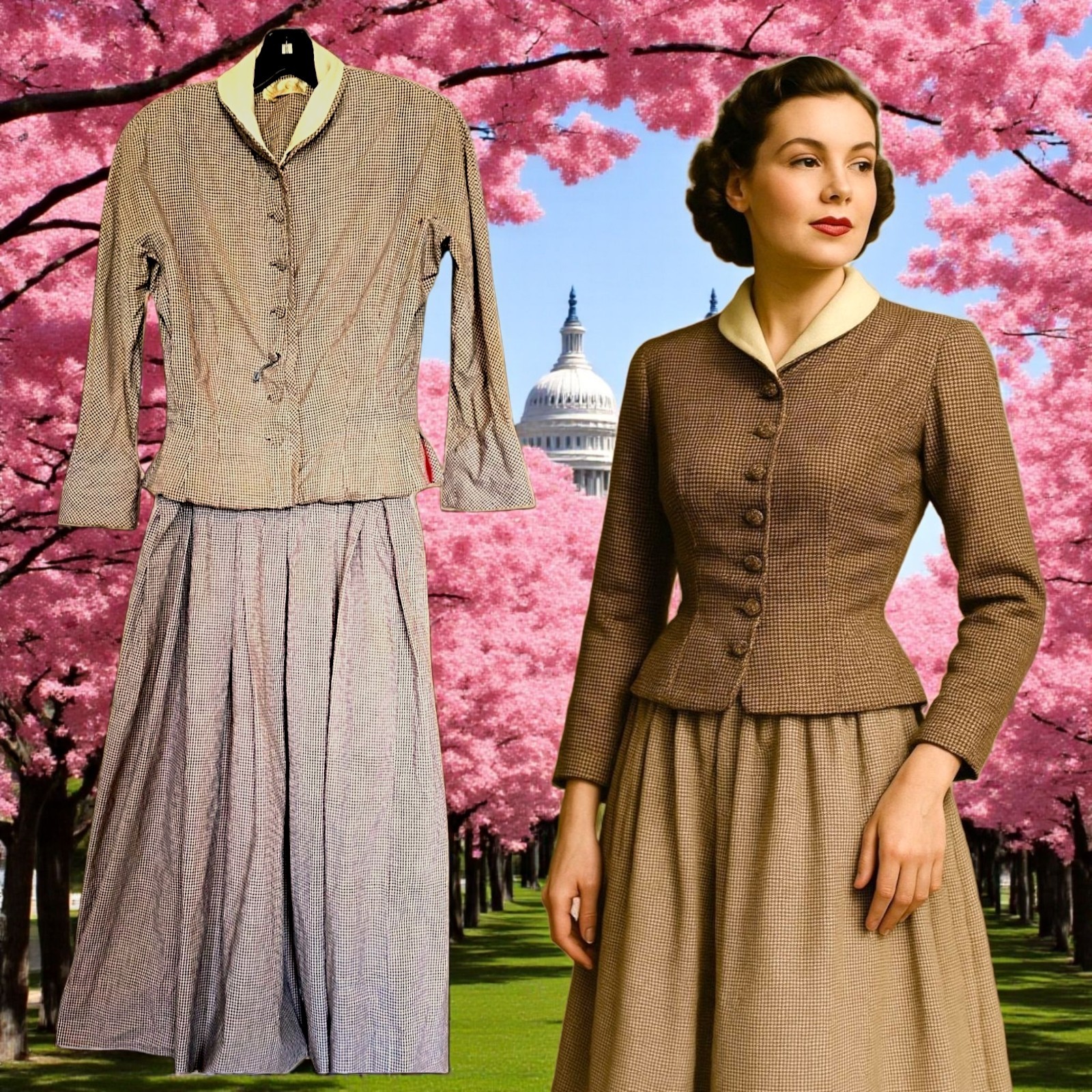 Vintage 1940s 50s Selma Gowns Washington DC Alfreda Brown Gingham Suit Set…
