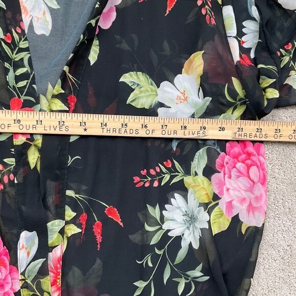 Sweet Pea Stacy Frati Duster Women L Black Floral Peony Sheer Kimono Boho Robe