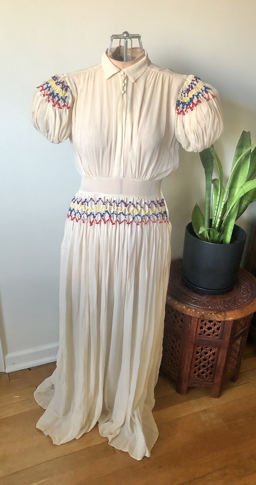Ethereal Peasant 1940’s Sheer Ivory Crepe Smocked Dress