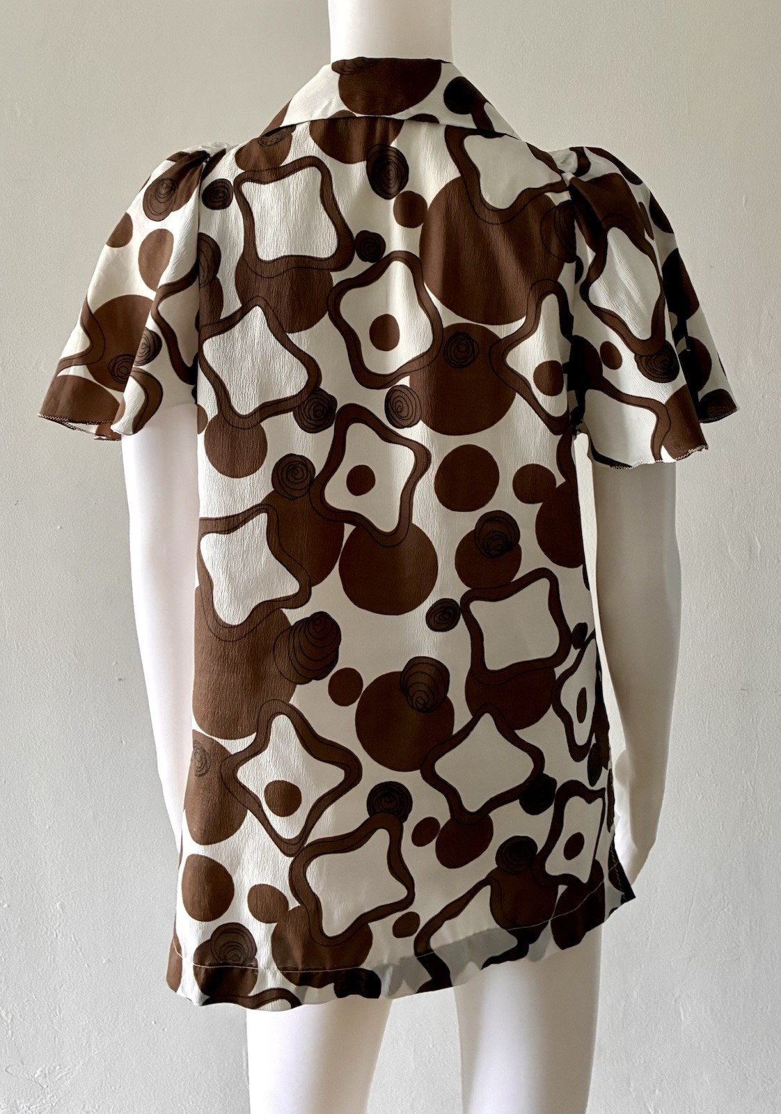 Vintage 70s Brown White Blouse Shirt Long Collar Size L