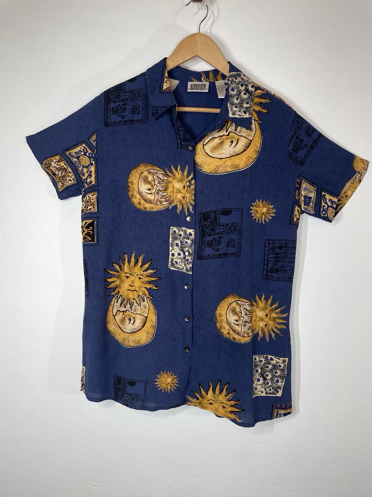 VTG 90s CHICO’s Designs SZ 1 Sun Moon Rayon Beaded Button Front Short Sleeves