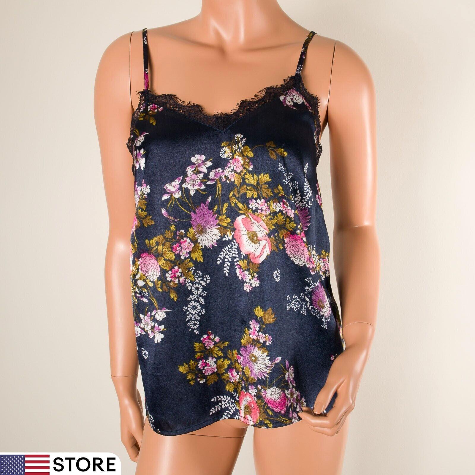 💖JAPNA Tank Top Cami Dark Blue Floral Silky Satin Adjustable Strap Lace Trim S