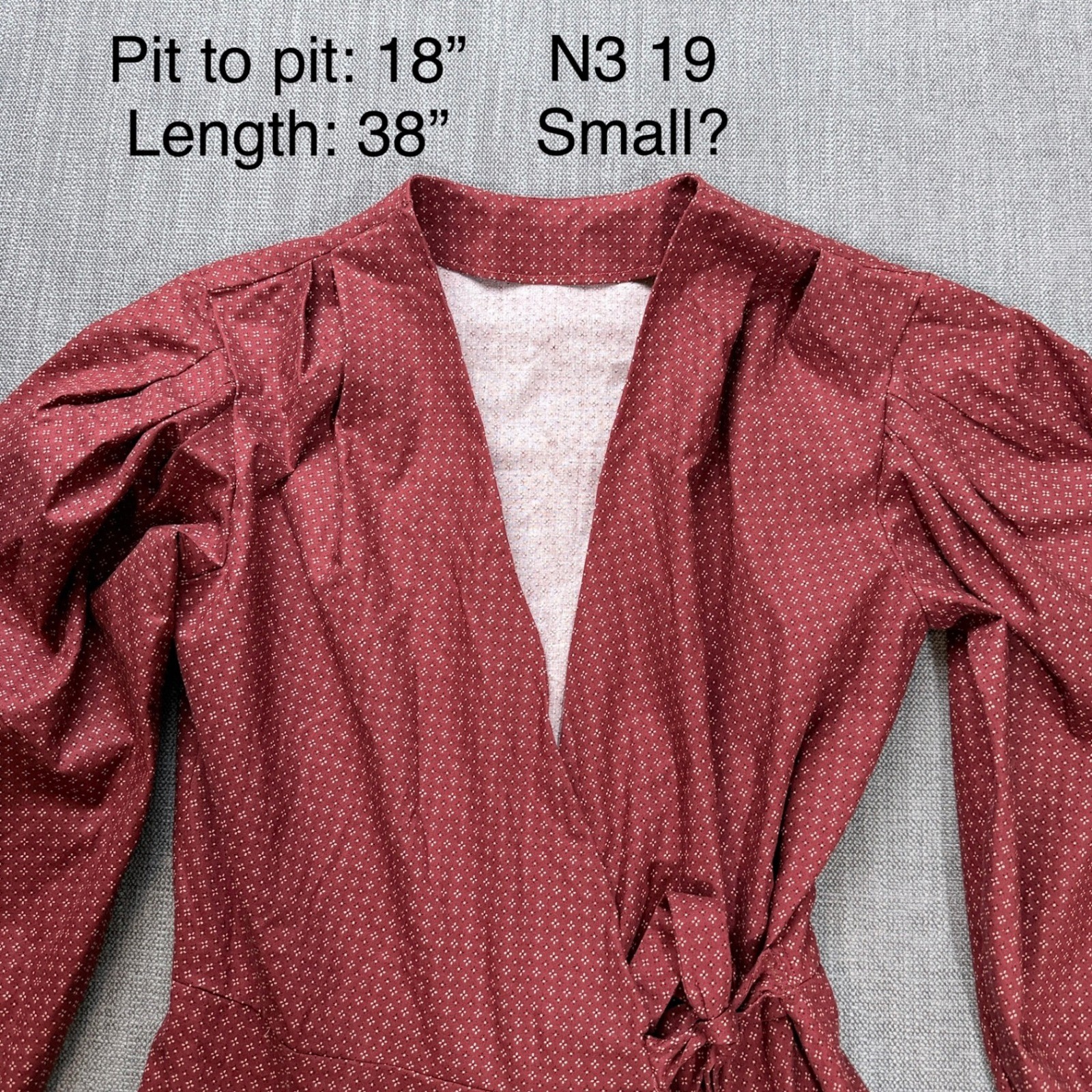 Vintage Burgundy Polka Dot Wrap Dress Long Sleeve Puff Shoulder Fit Flare Small
