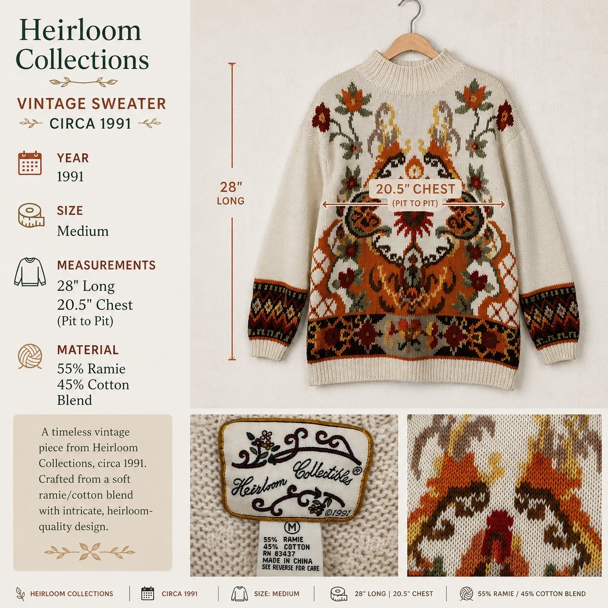 Heirloom Collectibles Vintage 1991 Floral Knit Sweater Cream Peach Womens Medium