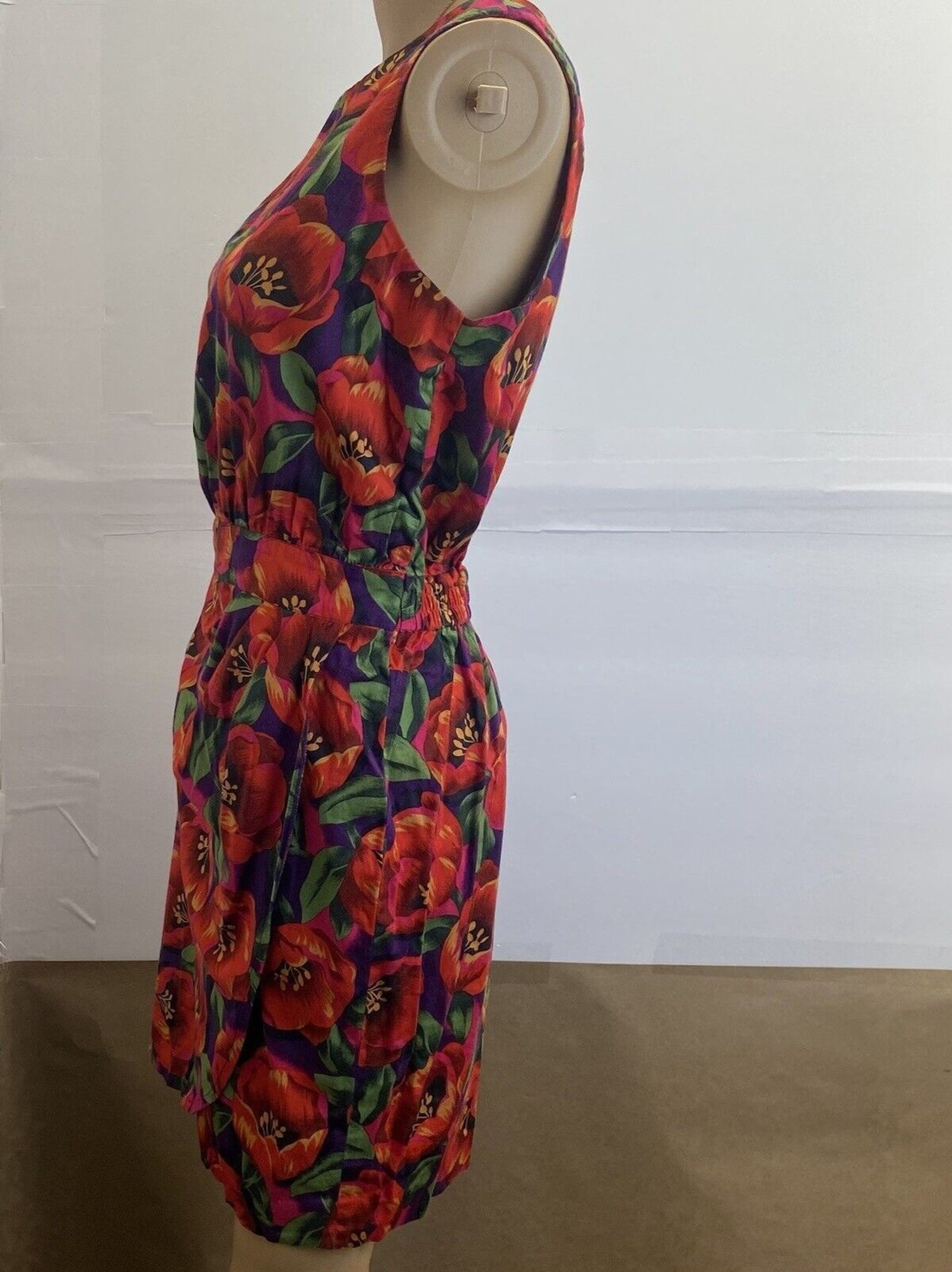80’s Vintage Alain Toussaint Red Purple Floral Sleeveless Faux Wrap Dress,Resort
