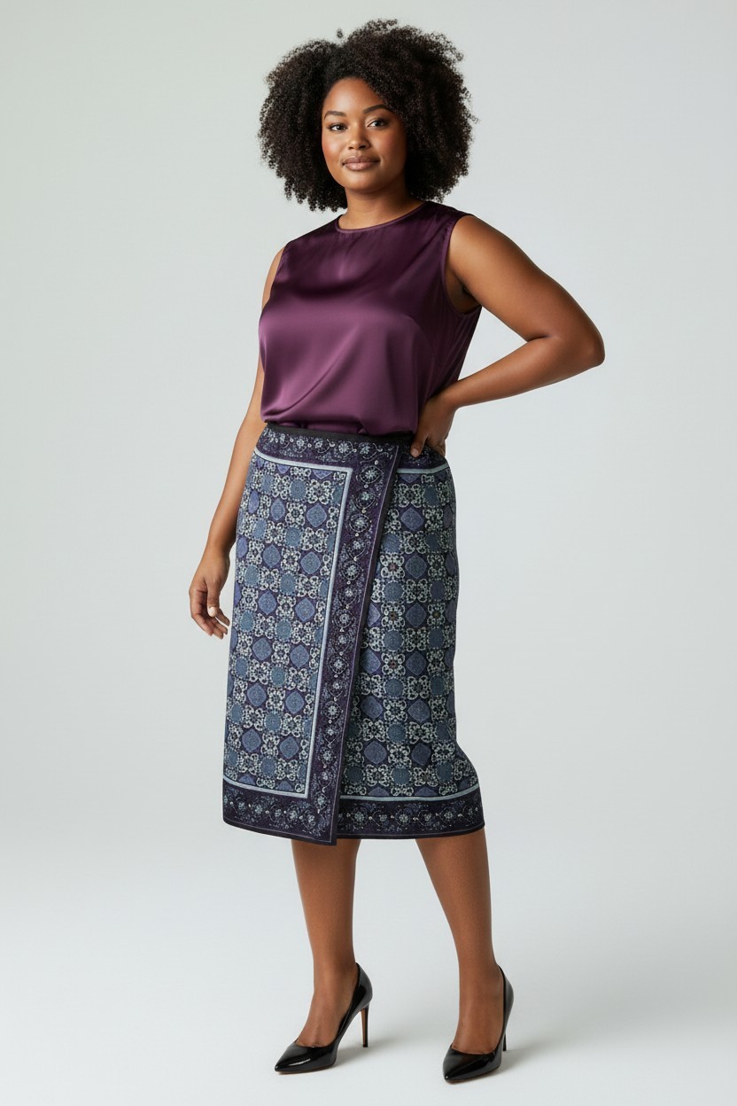 Sag Harbor Skirt Womens 18W Blue Floral Paisely Damask Faux Wrap Office Career