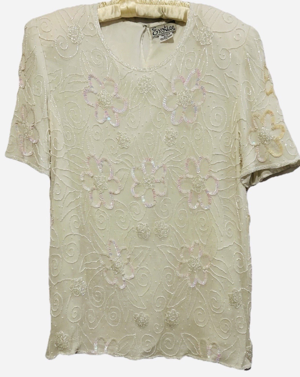 Vtg Silk Exotica Top Ivory Iridescent Beaded Sequins Mob Wife Cruise Blouse XL