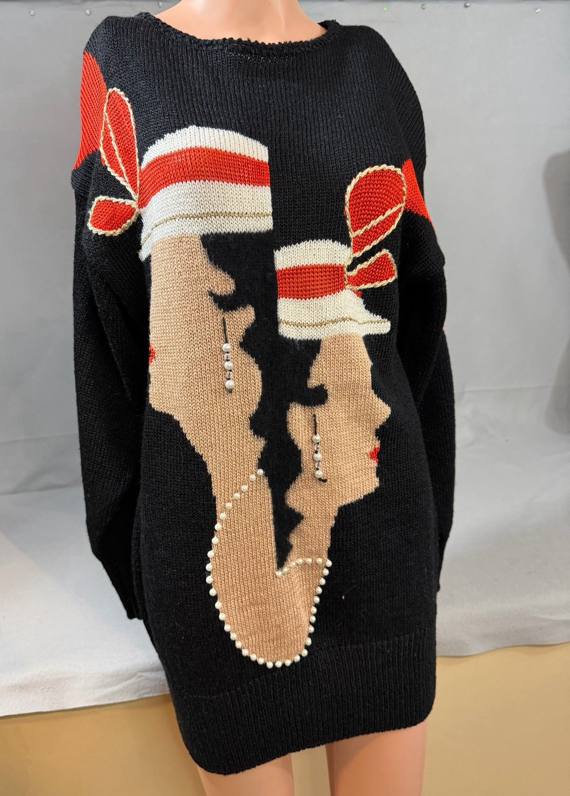 Vtg Maurada Flapper Girl Christmas Embellished Pearl Oversize Sweater Whimsigoth