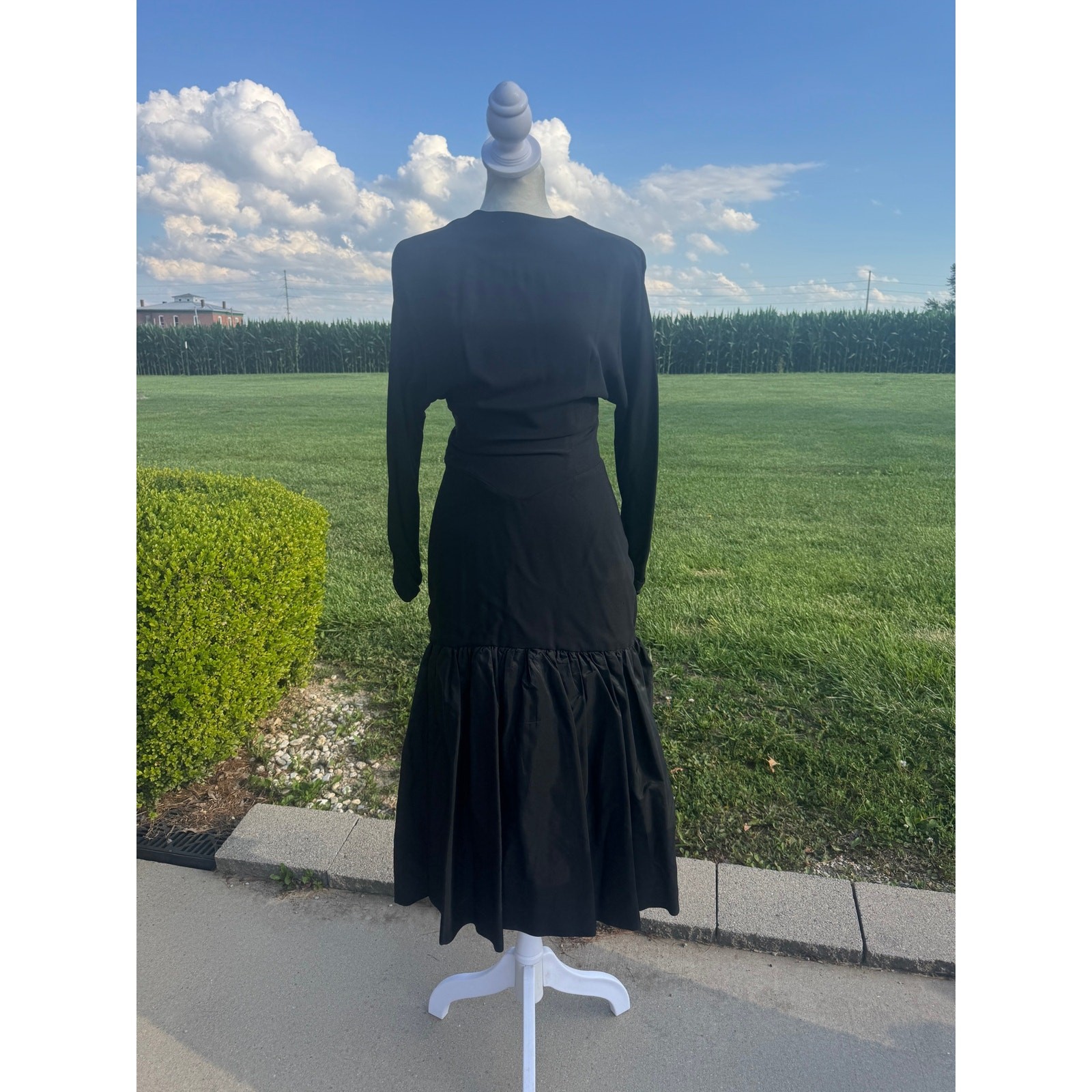 VTG 80s Black Taffeta Drop Waist Dress Crinoline Petticoat Avant Garde Gothic M⁠