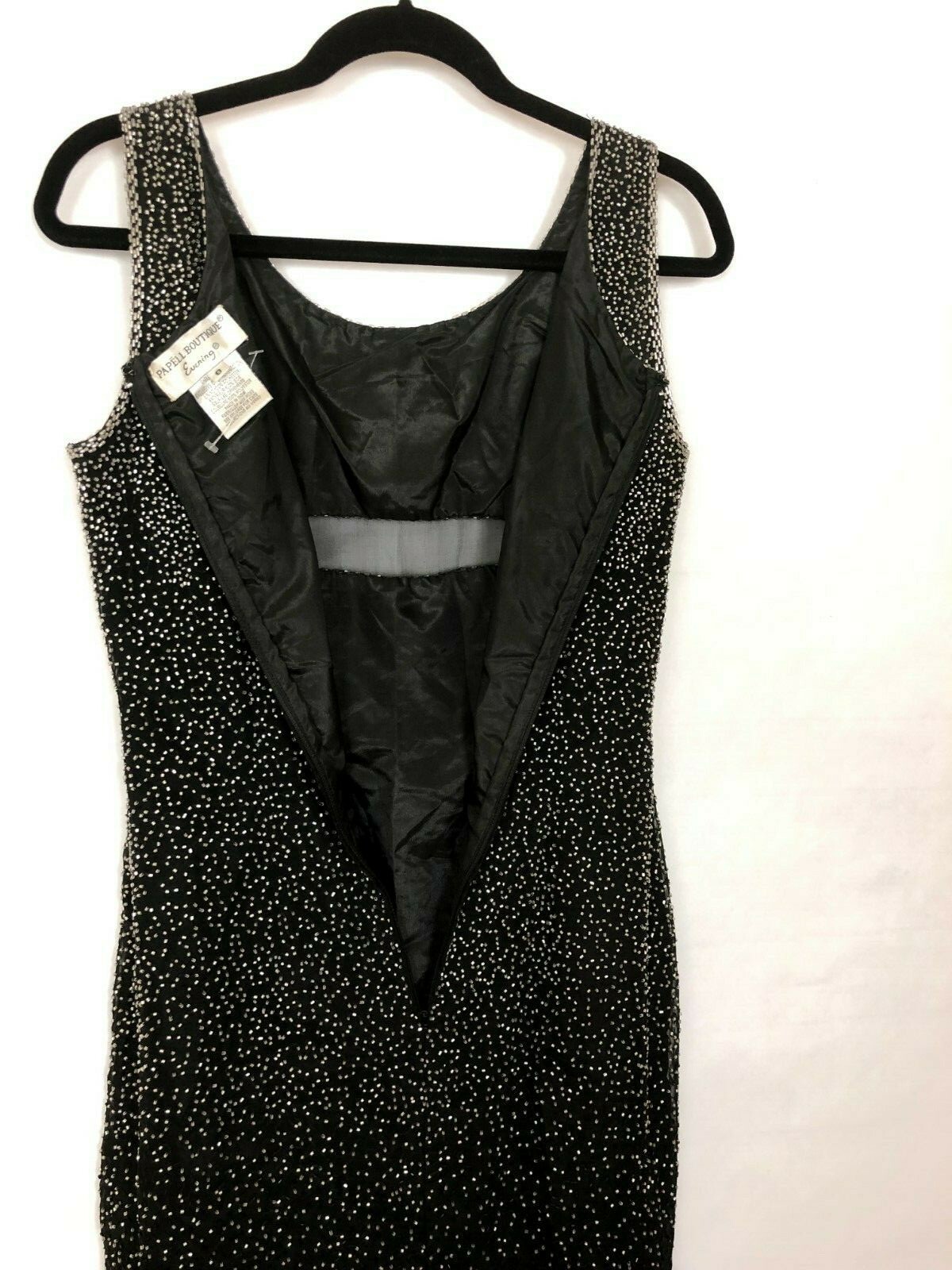 Vtg 80s Beaded Maxi Dress Evening Gown Black Silk M Glam Sparkle Romantic Goth