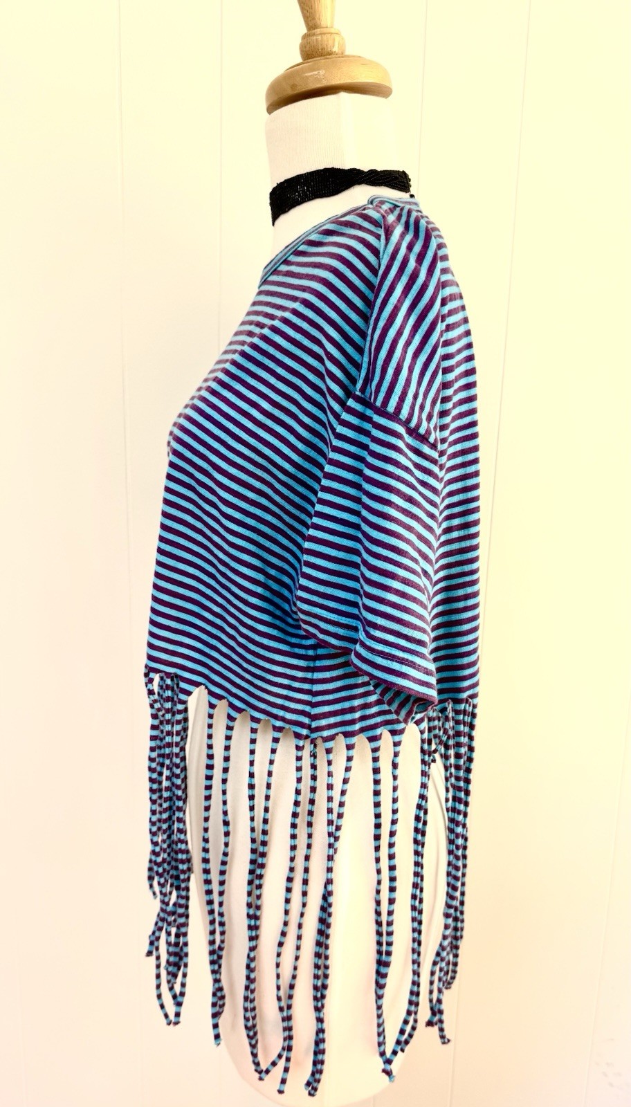Vintage Jou Jou 80s Striped Crop Fringe Shirt Tee T One Size Blue Purple VTG