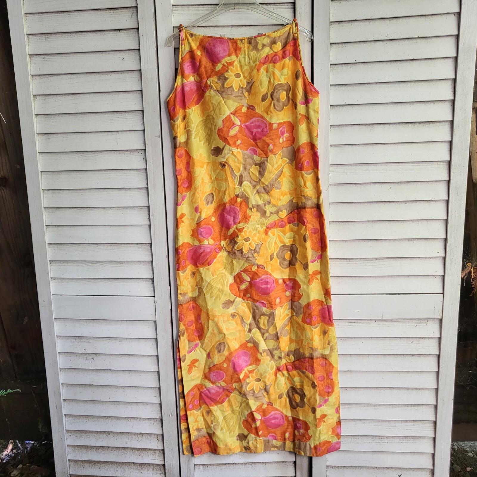Vtg 60s Norma Maiers Tori Richard Pink Yellow Hawaiian Floral Maxi Dress M/L
