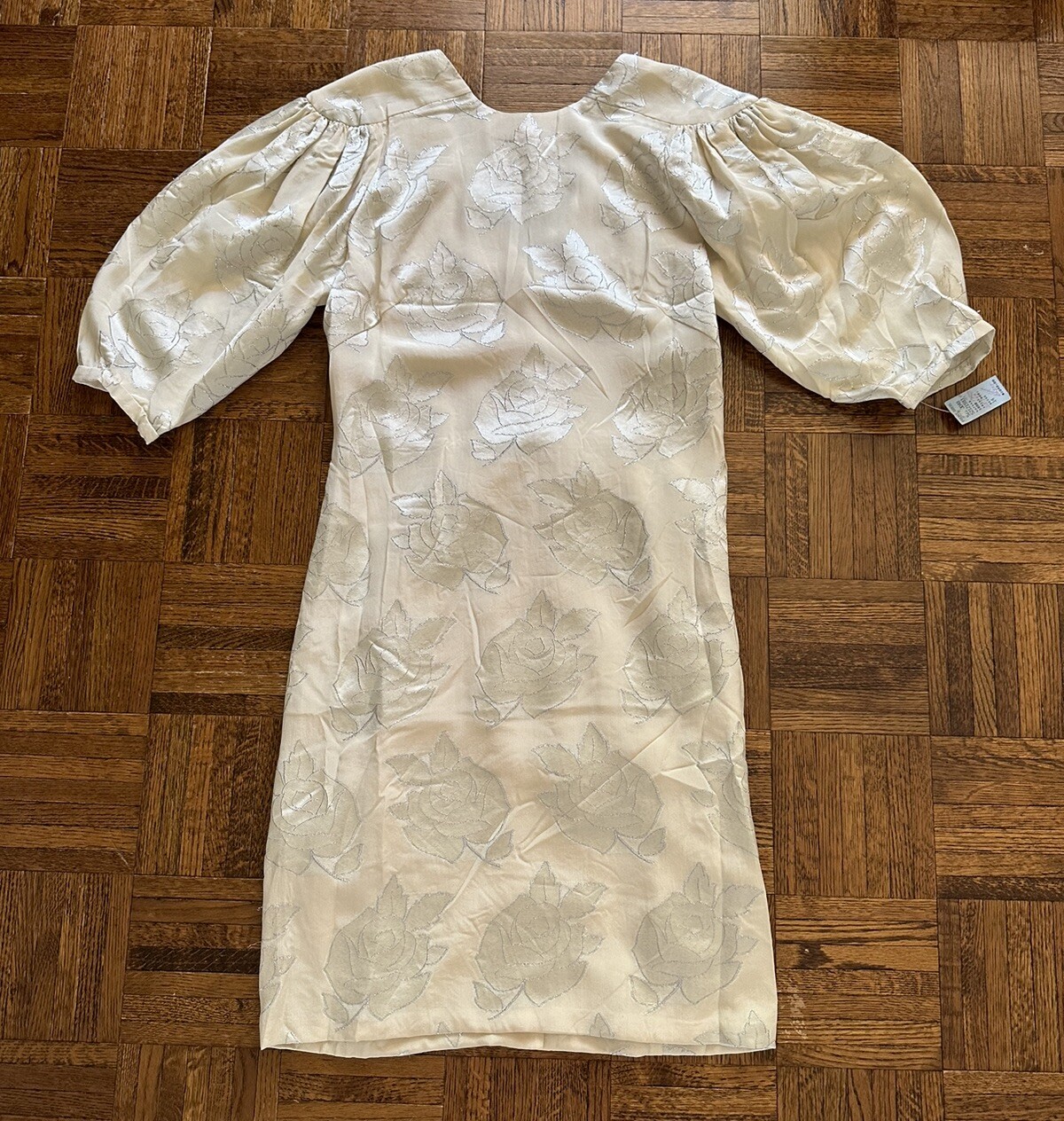1980s Hanae Mori Silk Dress Metallic Rose Damask Bow Frost Bros VTG