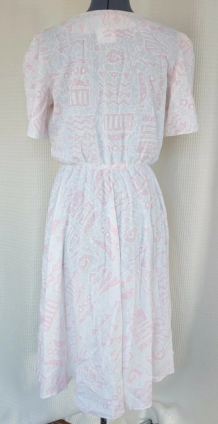 Vintage LA Gal Pink & White Abstract Printed Dress w Elastic Waist Size 16