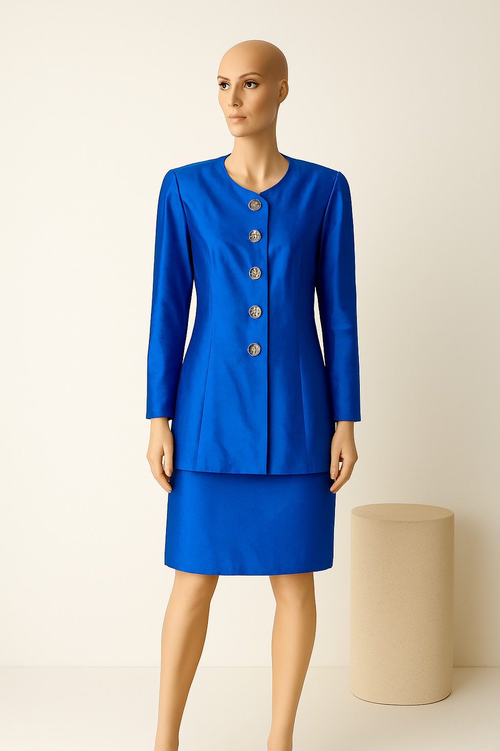 Vintage Silk Costume Royal Blue 38 40 Blazer Coat Jacket Pencil Skirt 80s 90s
