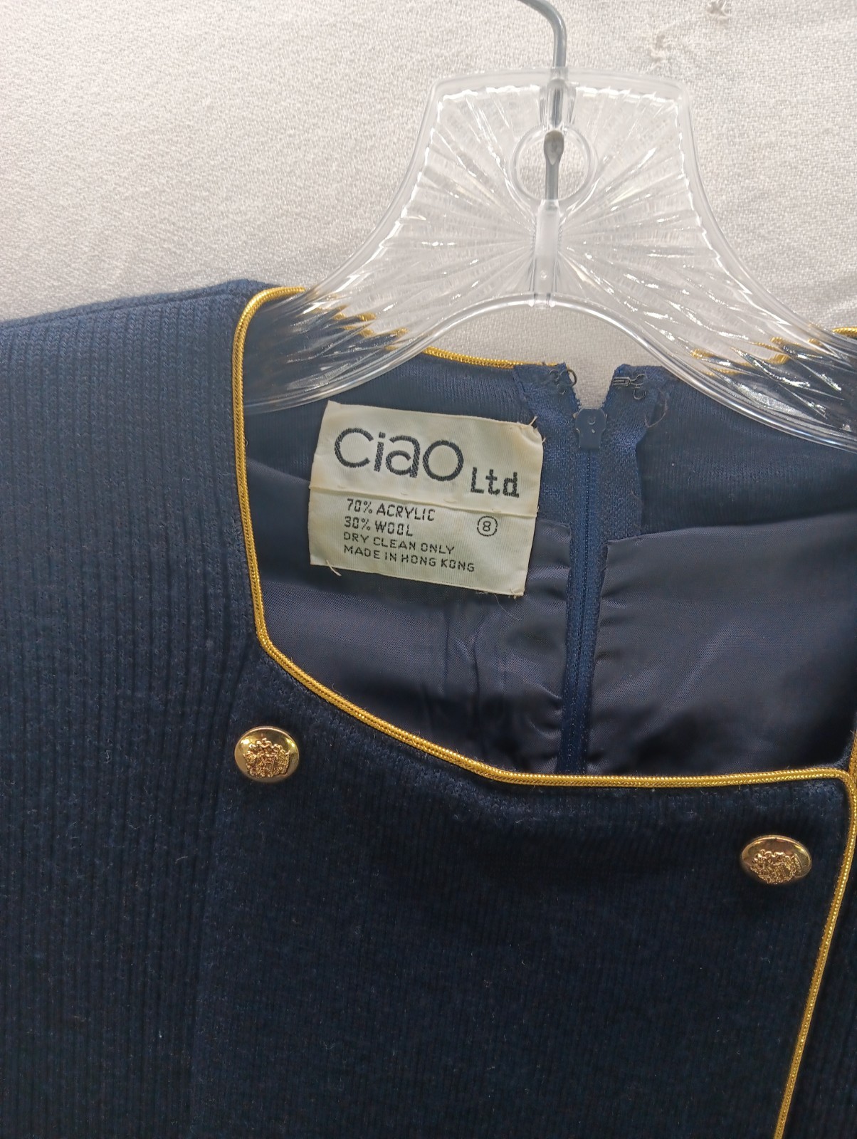 Vintage CIAO Ltd Navy Blue Wool Knit Dress Sz 8 Shoulder Pads Pockets 1970s