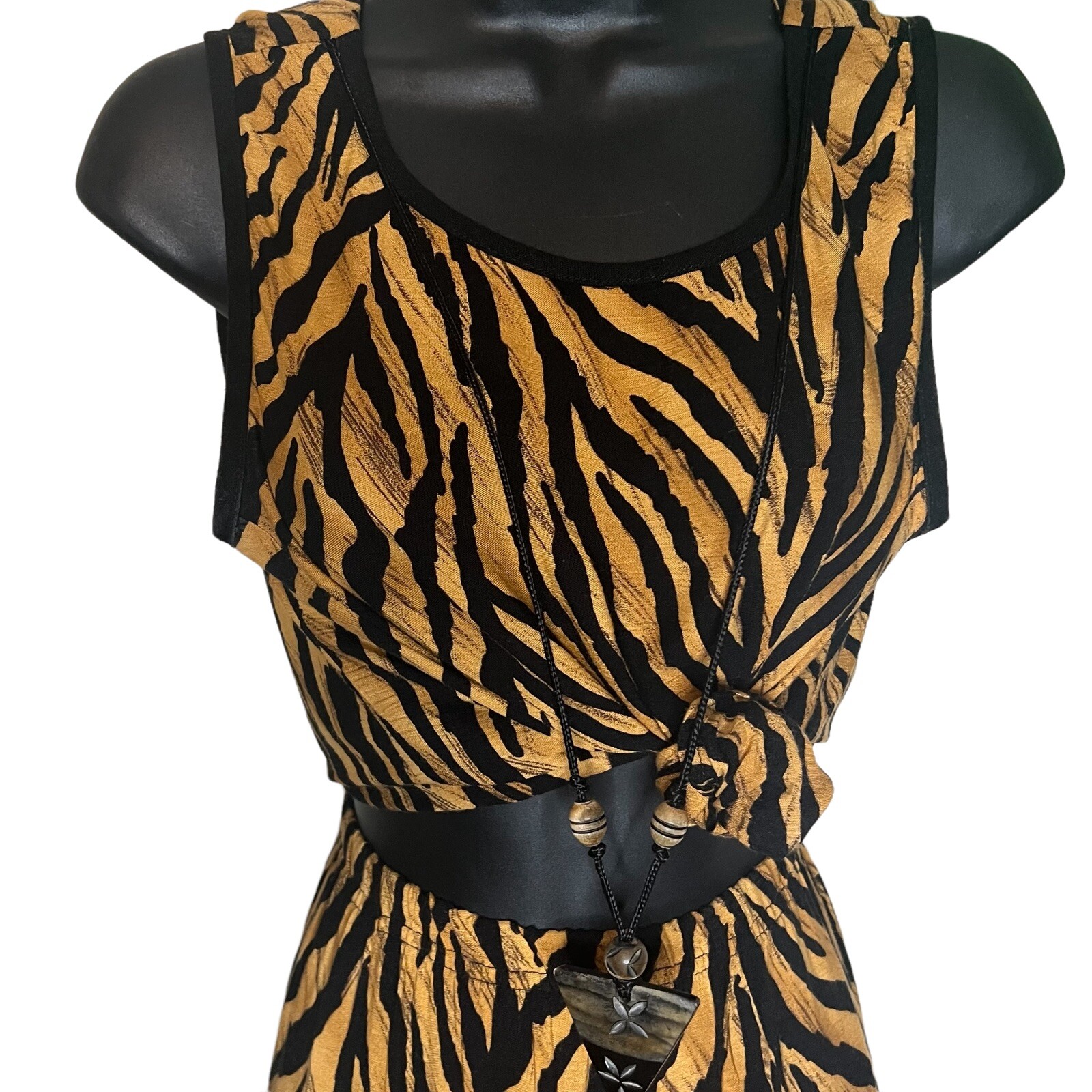 2 Piece Tiger Print Brown Blouse and Long Skirt with Triangle Necklace Set