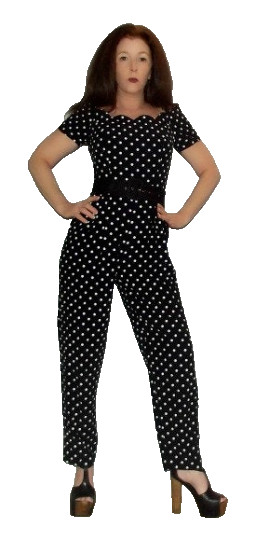 XS S Vtg 80s Ashlee Polka Dot Scalloped Off Shoulder Jumpsuit Romper Pantsuit Ca
