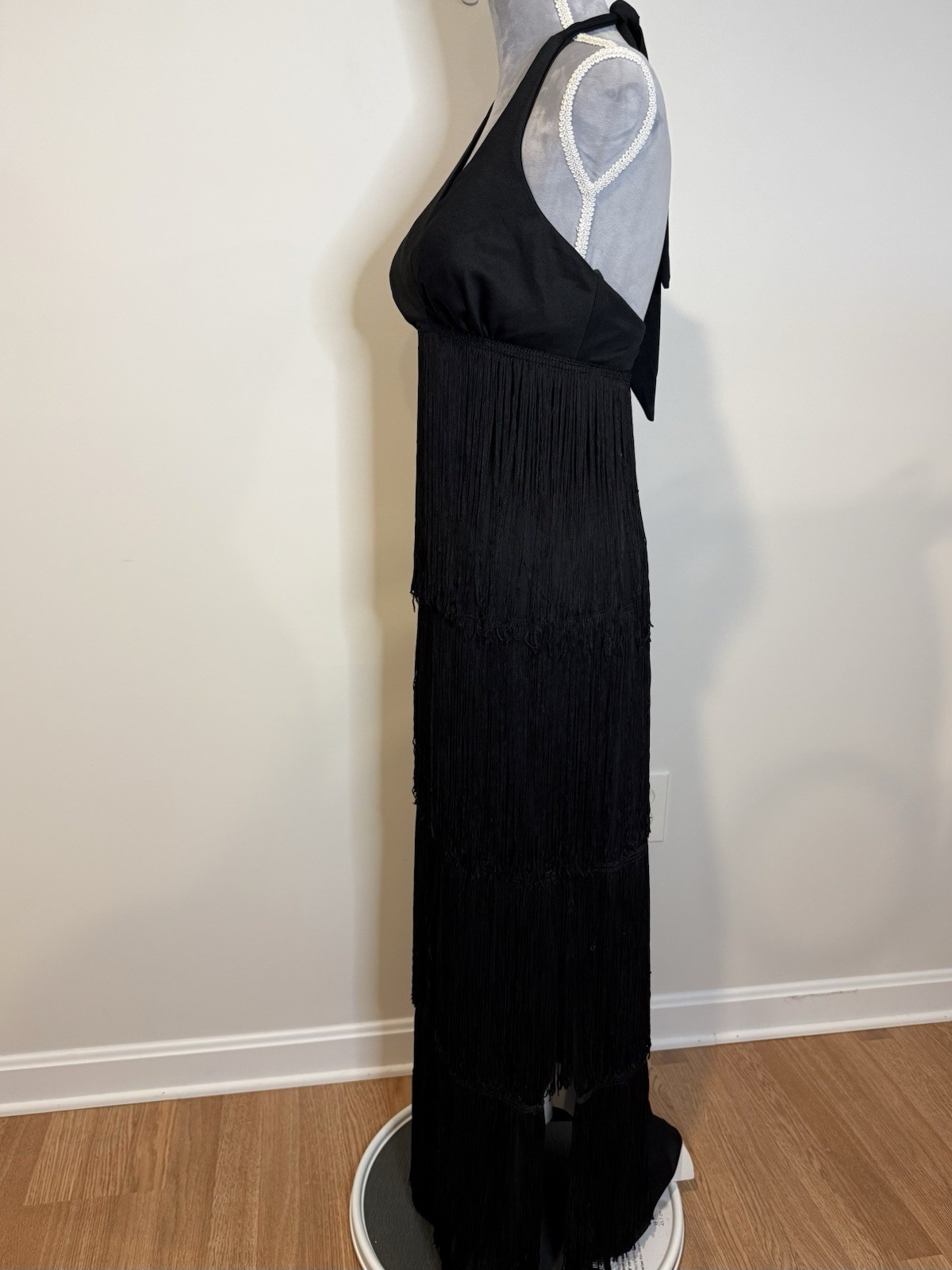 Vintage 70s Women’s Jack Hartley Black Flapper Halter Fringe Maxi Dress Size SM