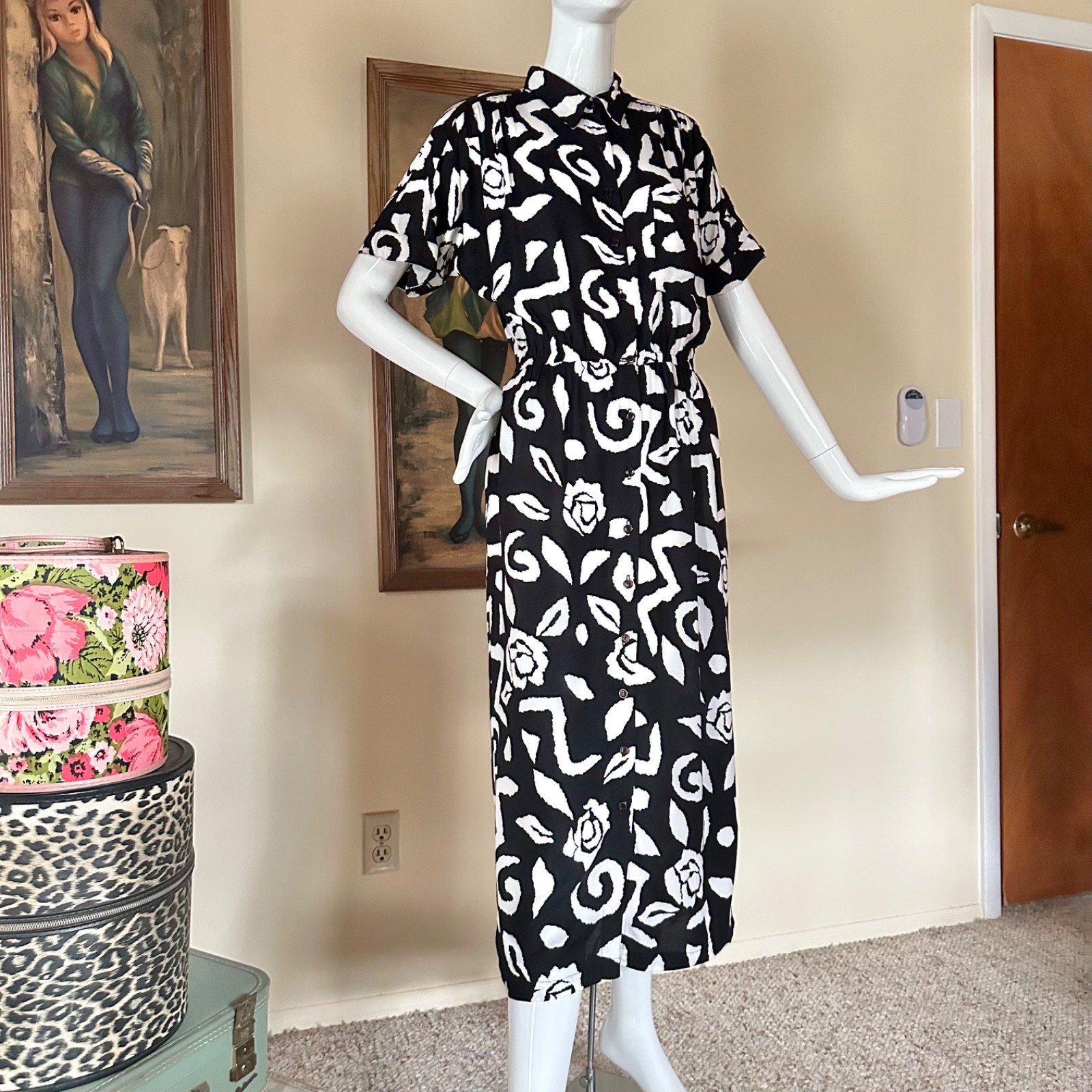 Vintage 1980s New Wave Together Abstract Print Shirtwaist Day Dress M/L
