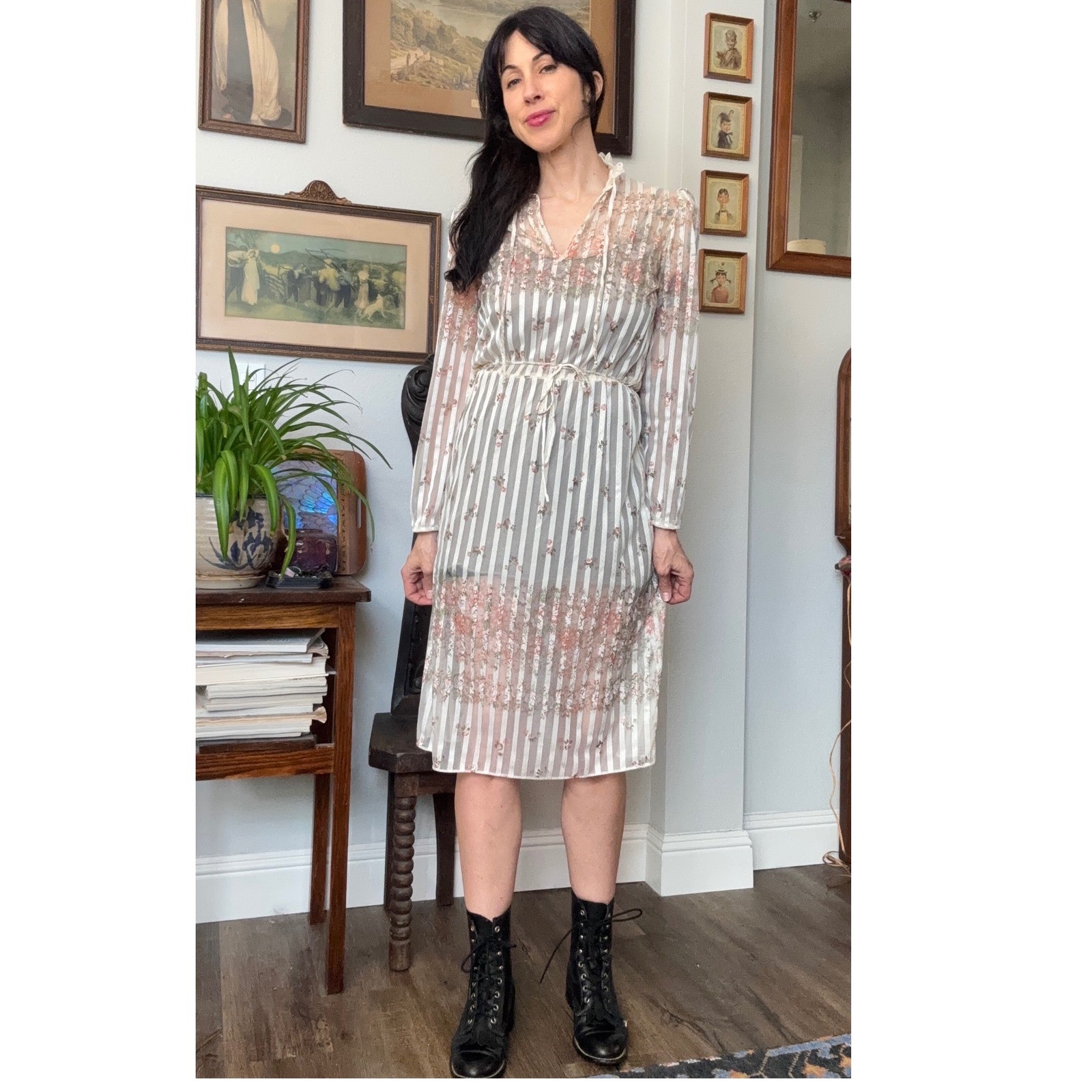 Vintage 70s Sheer Prairie Midi Dress Floral Stripe Ruffle Neck White Pink Green