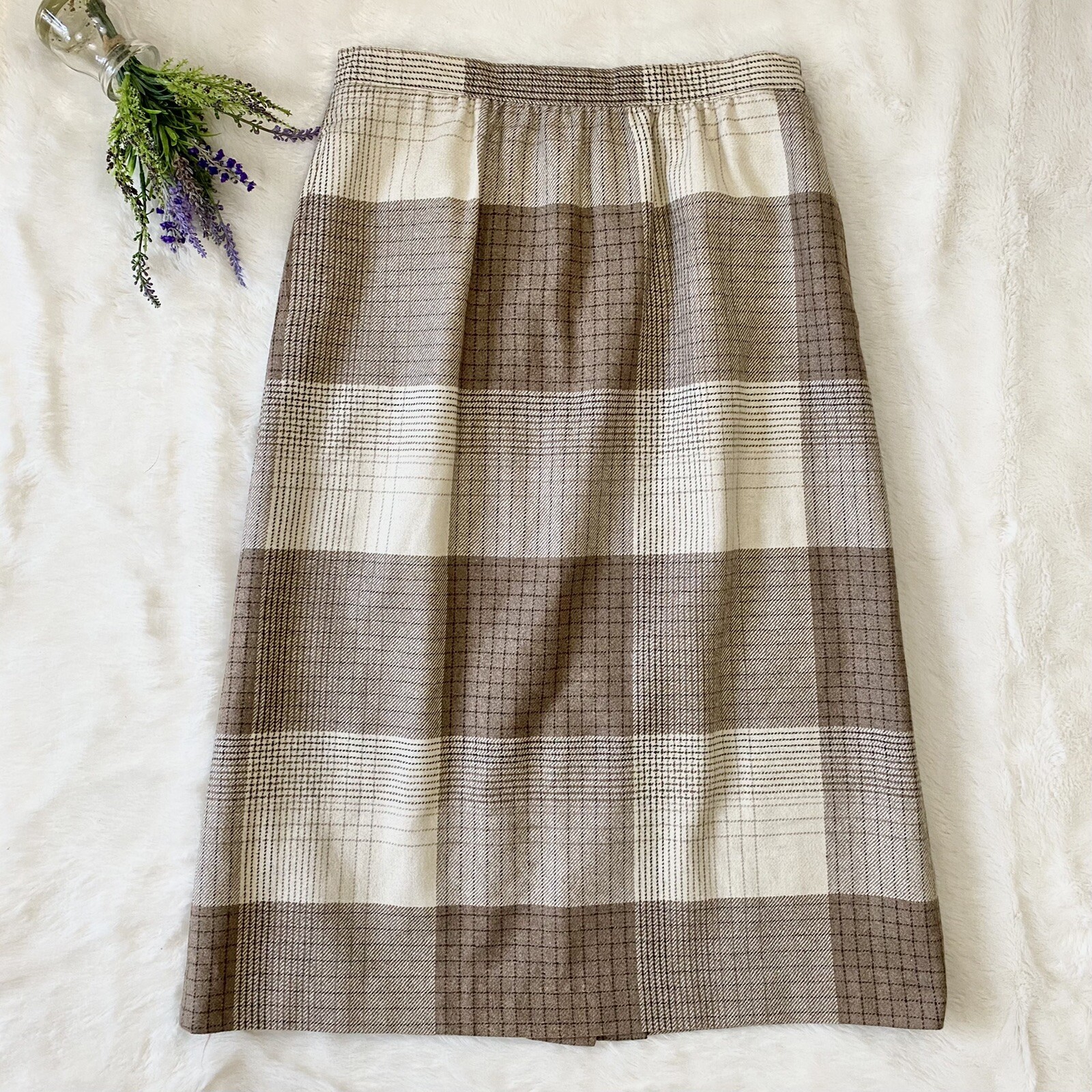 Prestige Of Boston Vintage Plaid Wool Pencil Skirt Beige & Cream Size 14 Classic