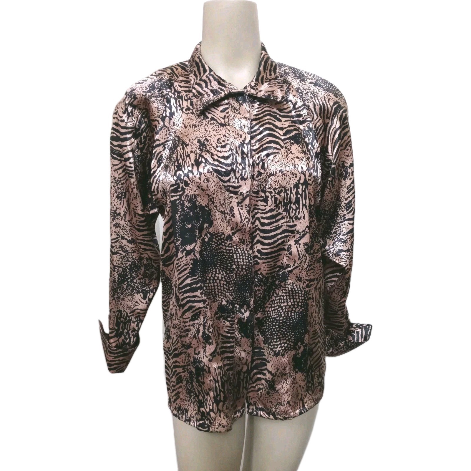 VTG Women S Shirt High Reg Collar Black Gold Animal Print Karen by Anette & Mika