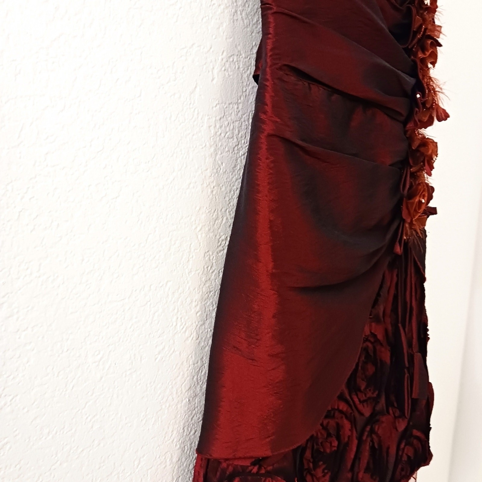 Red Satin Formal Dress 3D Roses Gown XS Burgundy Red Wedding Prom Evening Party