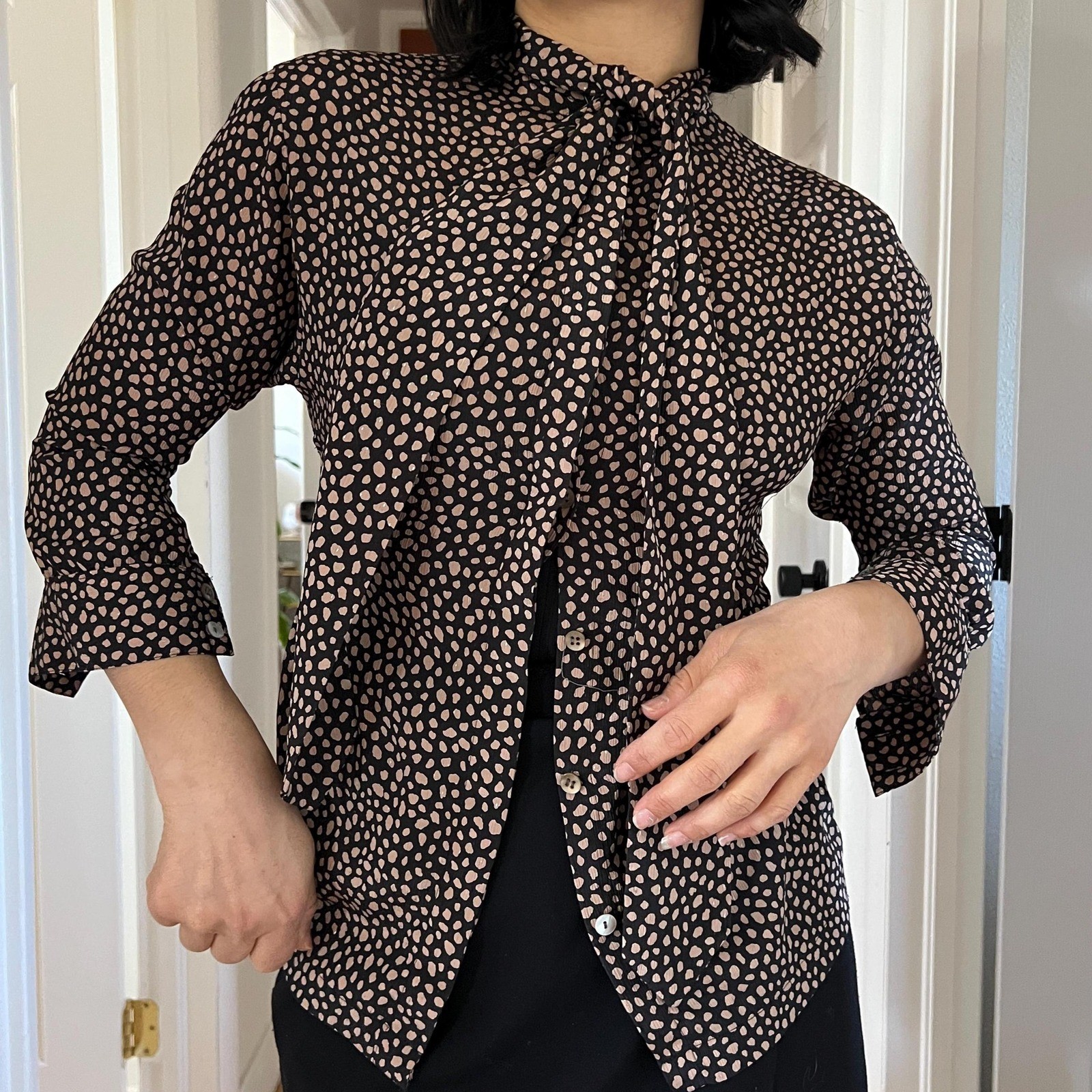 vtg 80s animal spot XS cravat button down blouse brown black neutrals