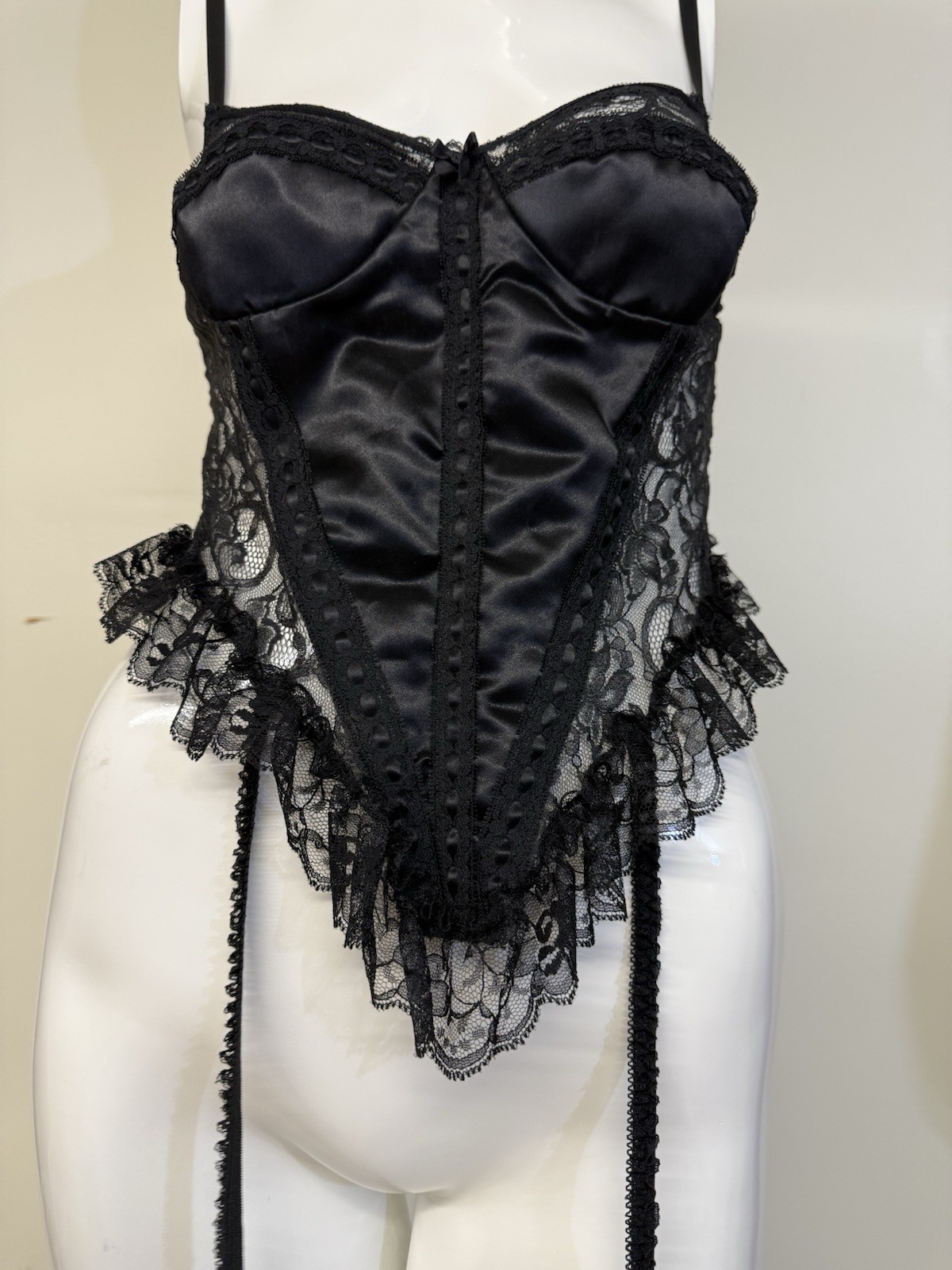 Vintage Intimo Amore Black Lace Bustier Satin Corset Top Lingerie Garter Sz Medi