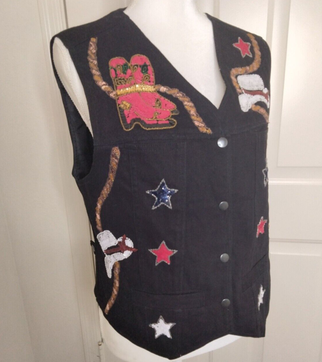 Modi Black Denim with Western Sequin Boots Cowboy Hat Stars Vest Size Medium