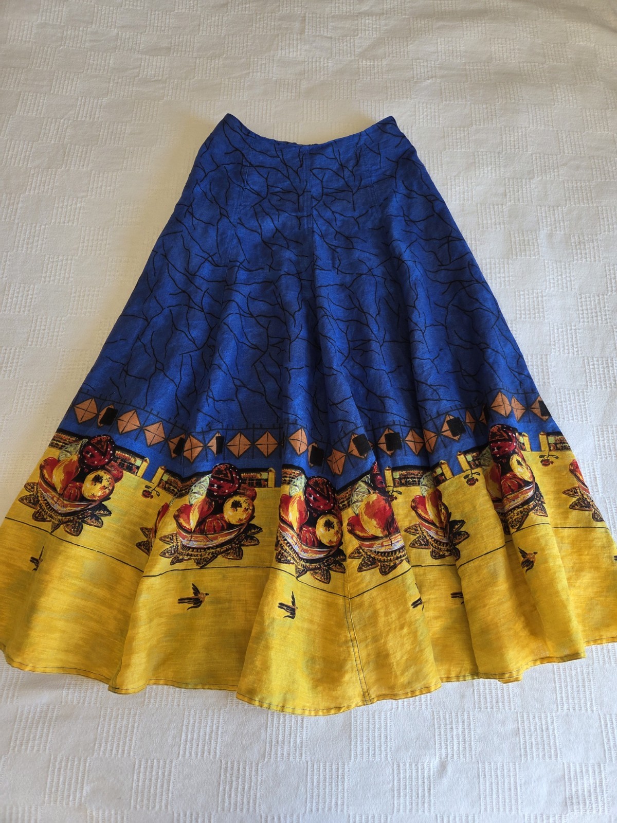 Vintage Betty Jackson Womens Linen Dress Multicolored Fruits Bird Size 10