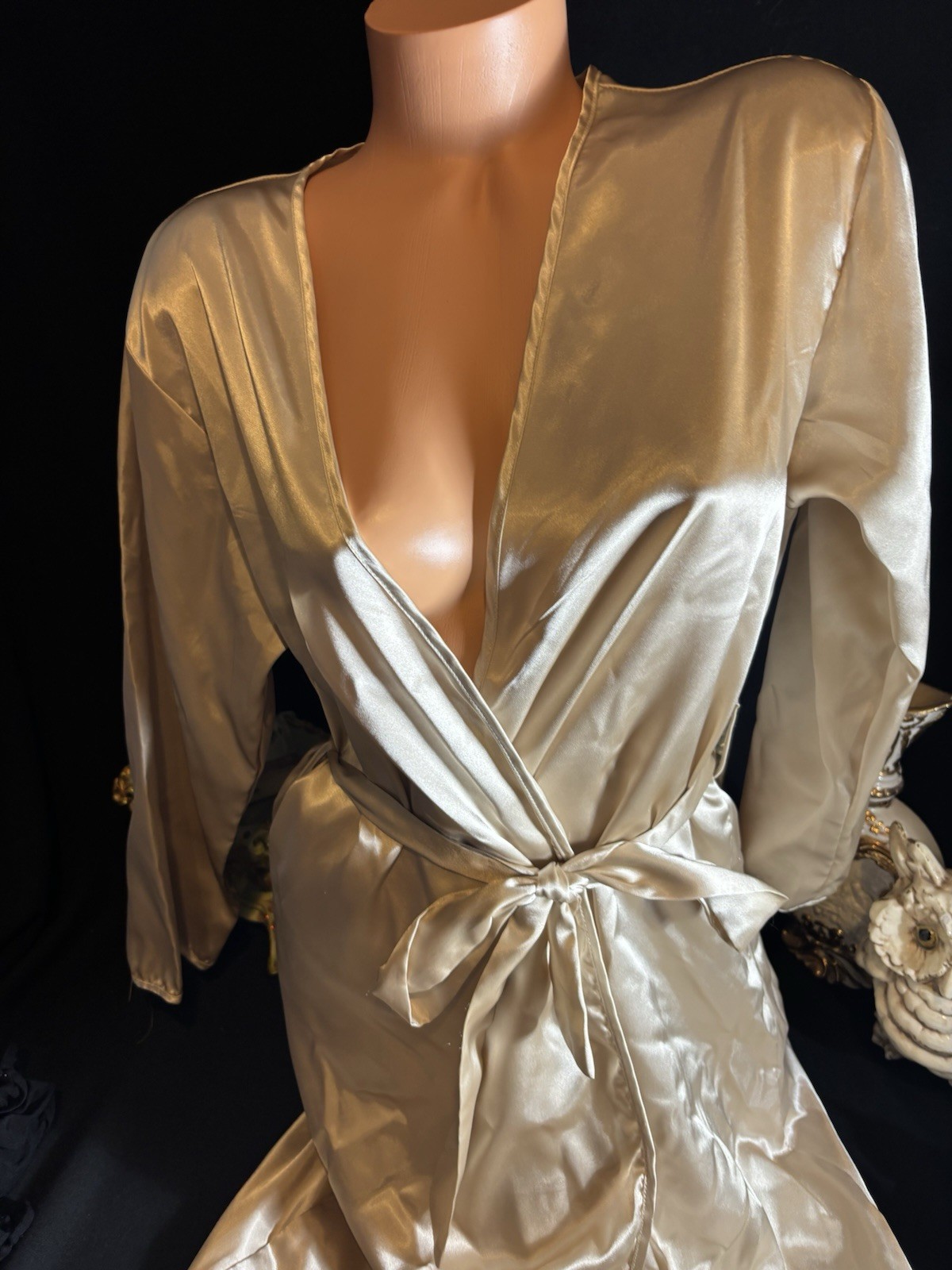 Vtg Soft Satin Nightie Long Dressing gown Soft Nightie Frilly Dress Robe Gold