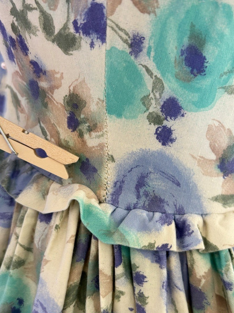 Vtg 50s 60 Blue Watercolor Floral Print Fit Flare Dress Short Sleeve Ruffles XS