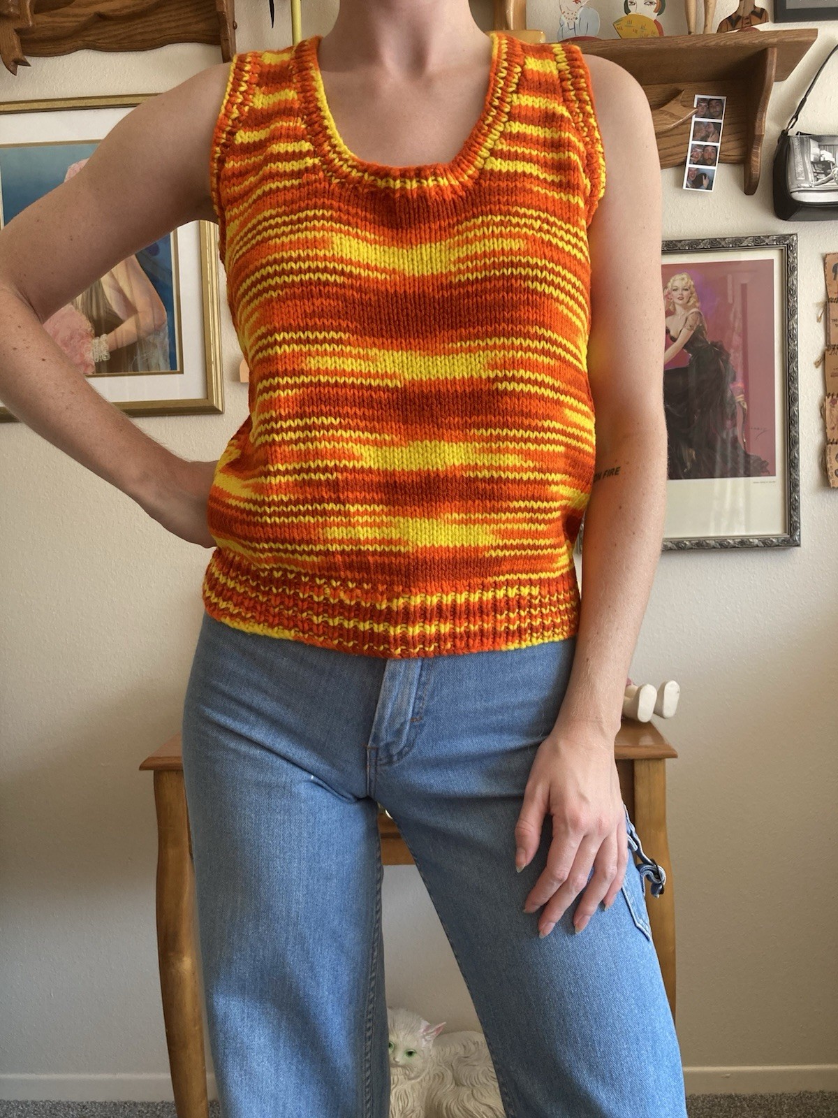 1970s Hand Knit Orange & Yellow Space Dye Sweater Vest