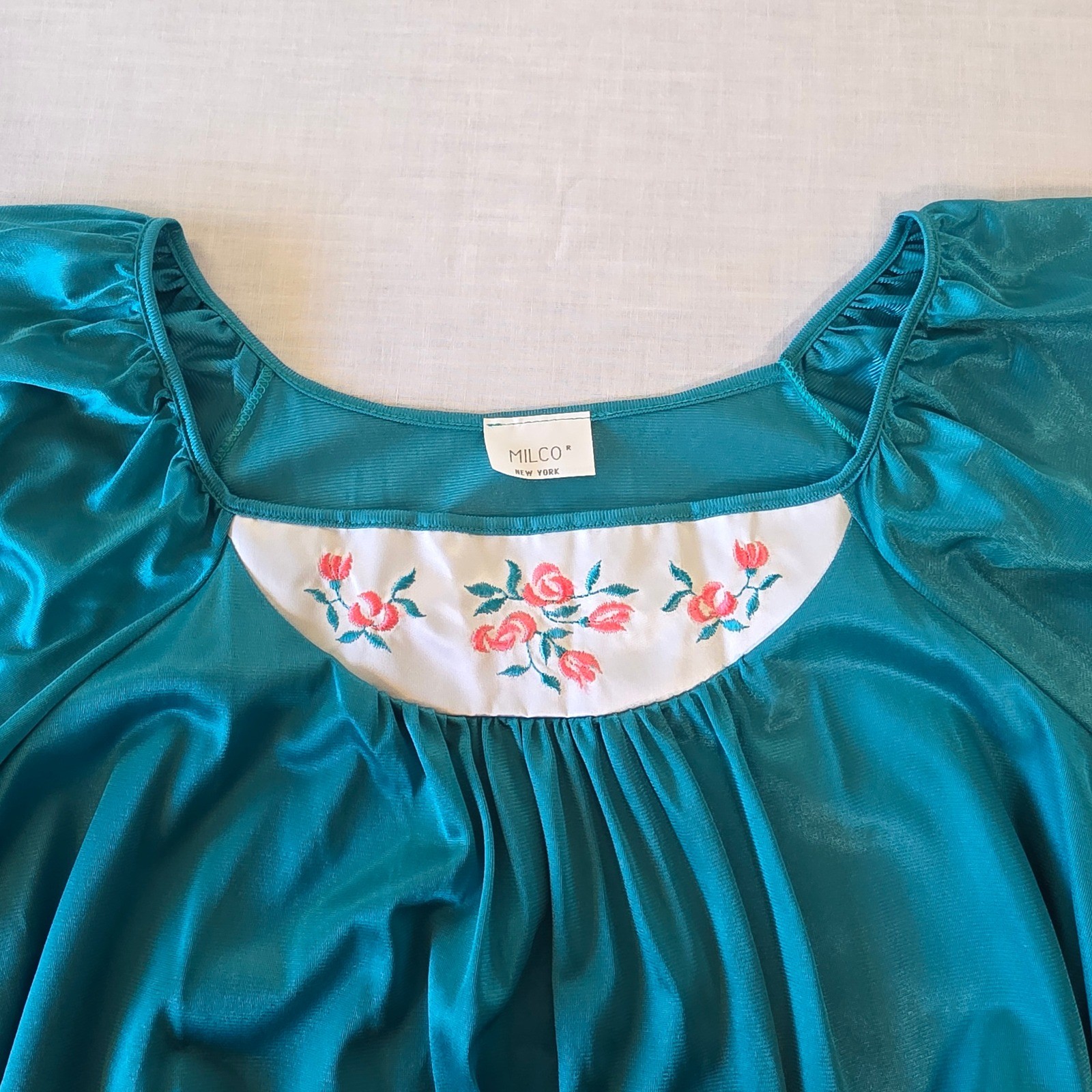 Milco Nightgown Vintage Floral Embroidered Shimmer Teal Large Lounge Dress 70s