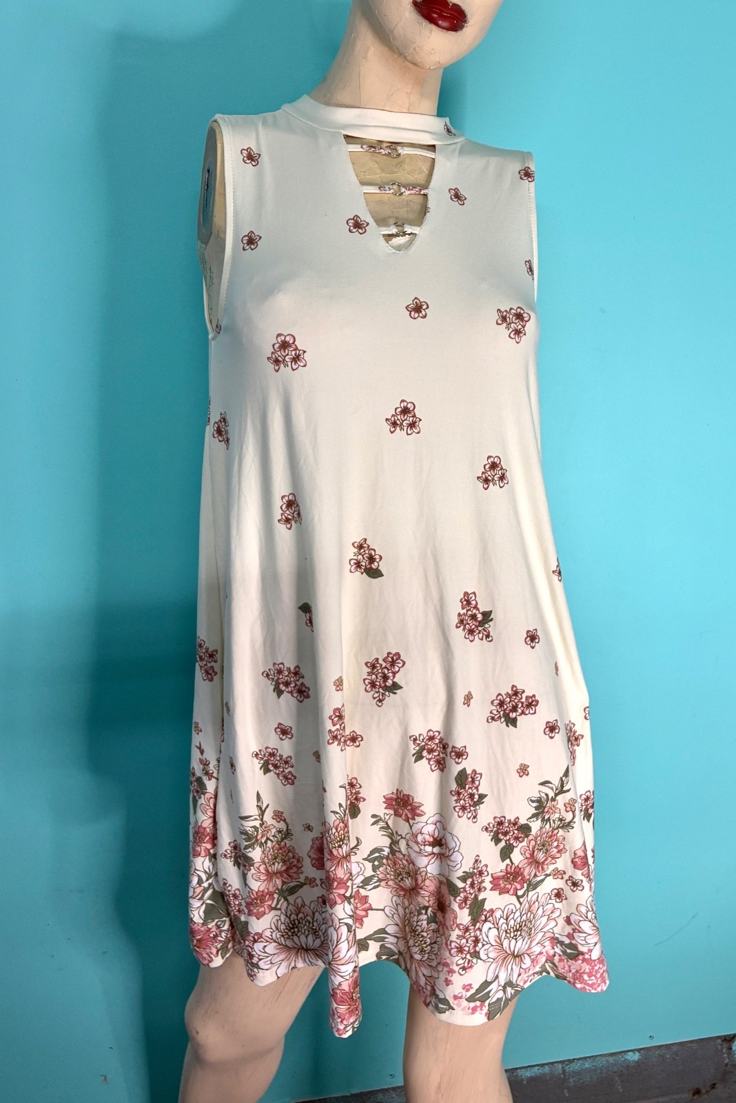 VTG Y2K Ivory White Mauve Pink Floral Print Knit Sleeveless Baby Doll Sundress~M