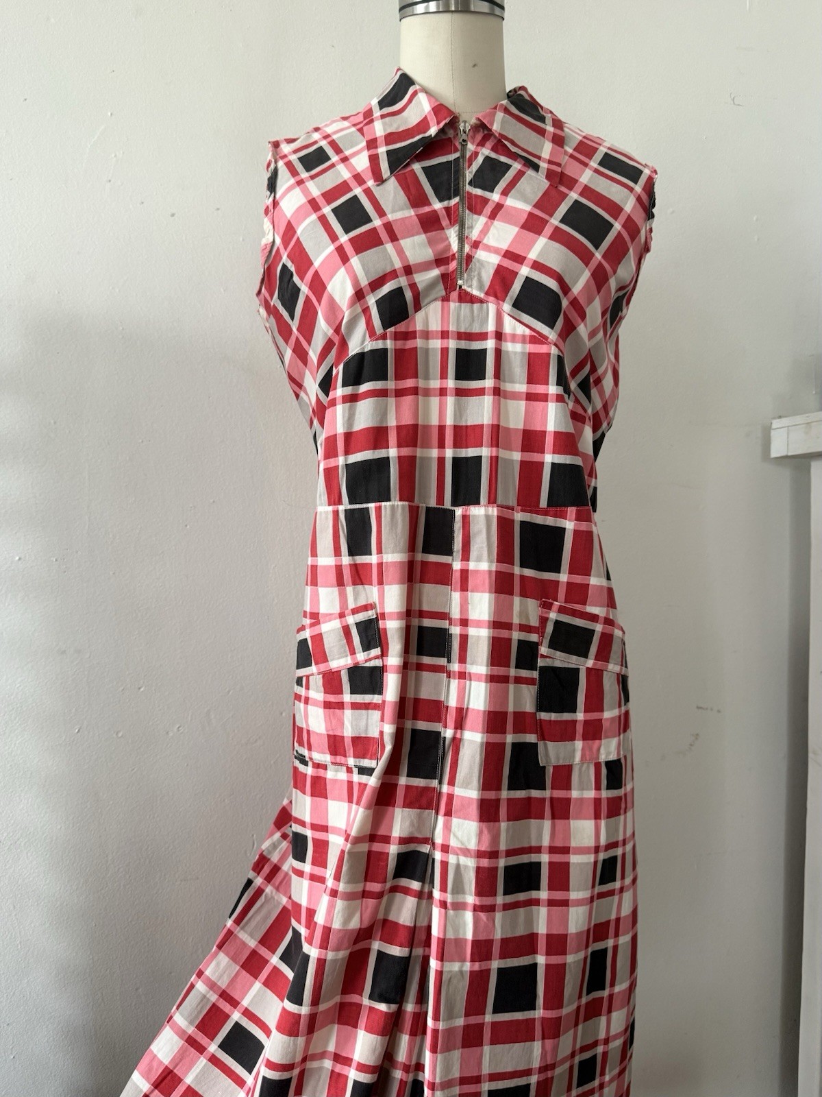 30s Glazed Cotton Plaid Pointed Collar 1/4 Zip Halter Dress Midi Sportswear S/M