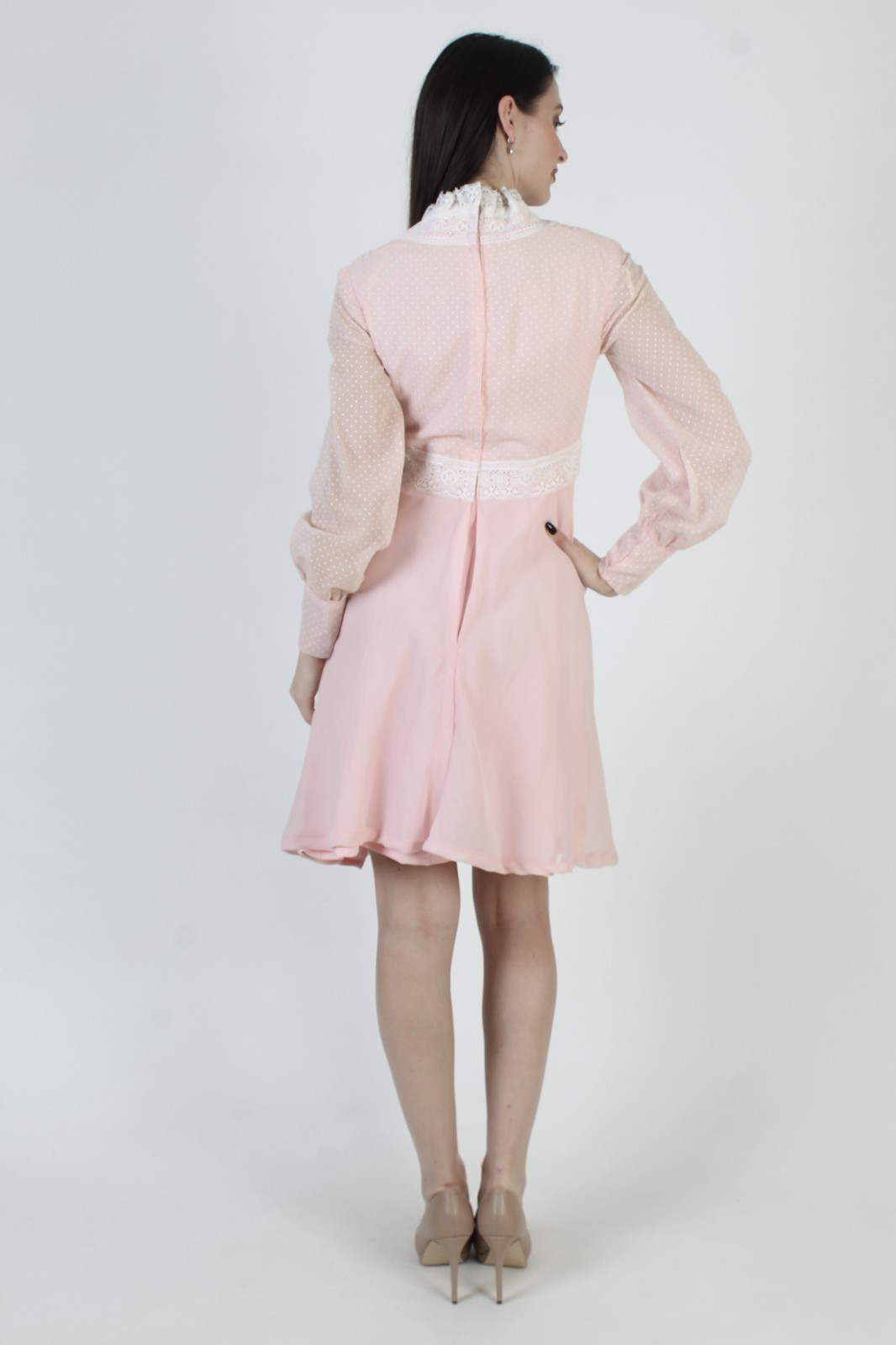 Vtg Pink Swiss Dot Dress High Waist Lace Barbiecore Sheer Boho Prairie Wedding