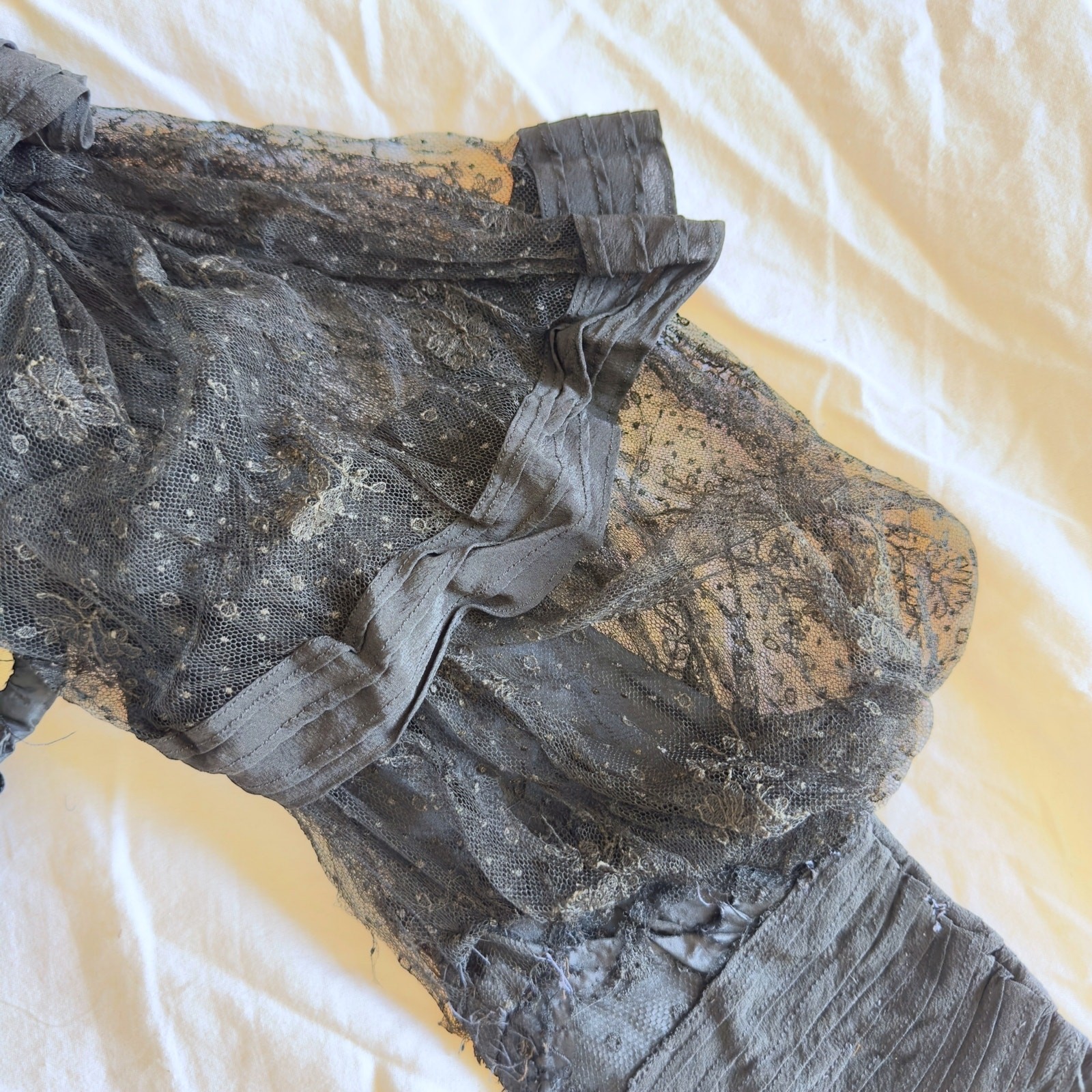 Antique Victorian Black Silk Lace Mourning Gown Dress 1900s Bodice Skirt Set