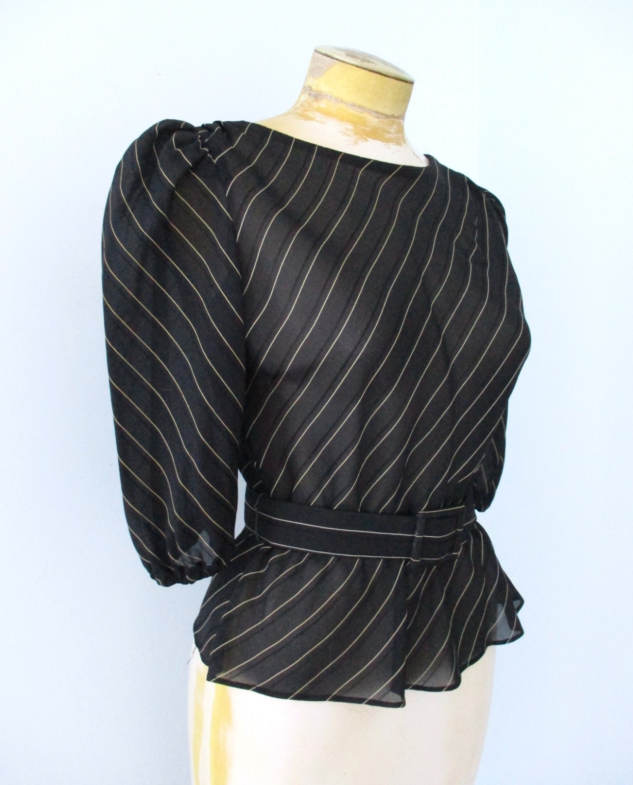 Vtg 70s 80s Black Pinstripe Semi Sheer 2-Pc Secretary Skirt Peplum Top Suit 5