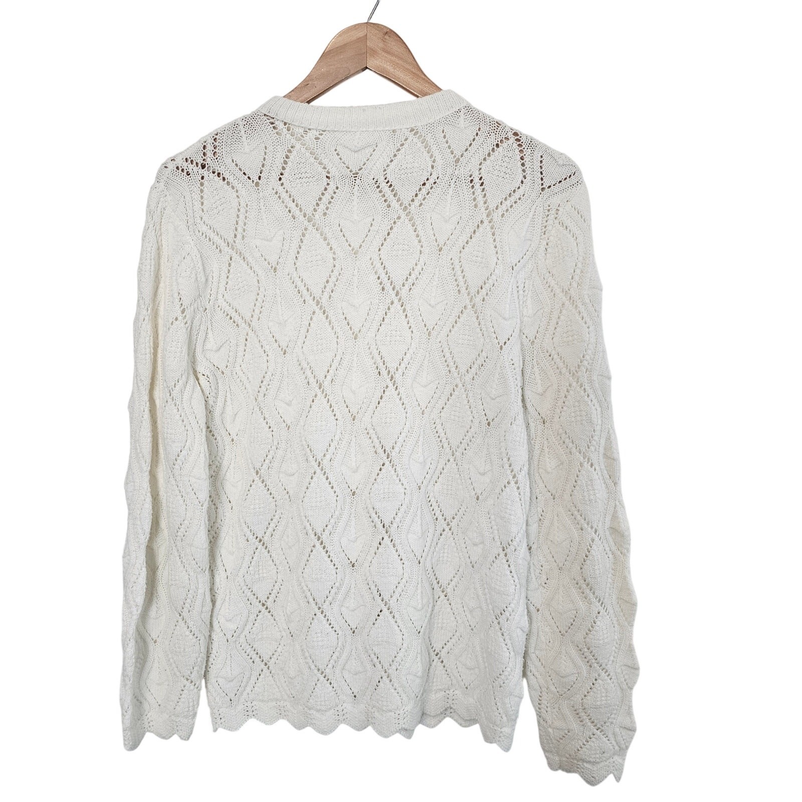 Vintage Knit Cardigan Womens Med White Cottage Button Neutral Sheer Granny Retro