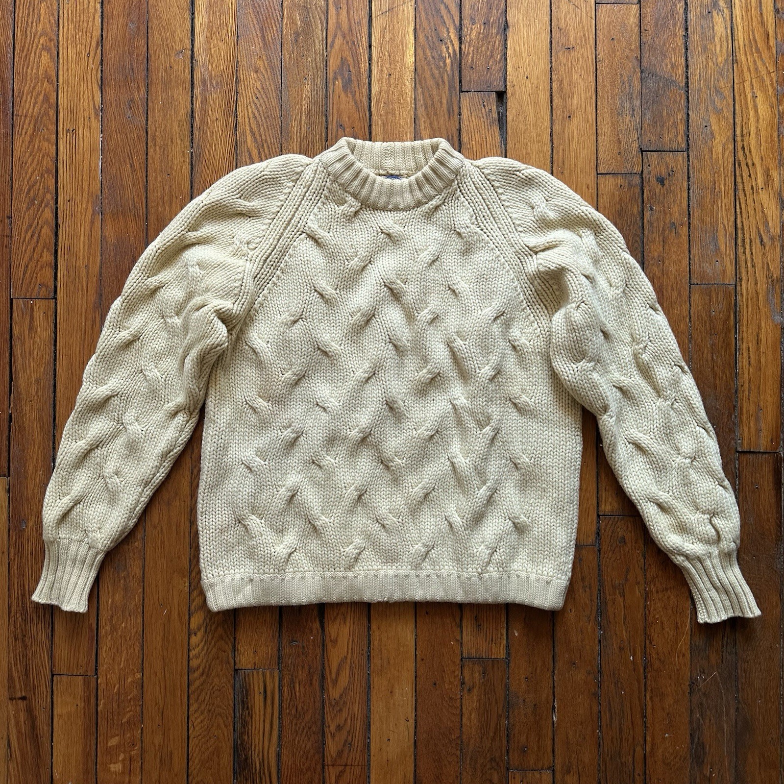 Vtg ALDO Gerick Handmade Cable Knit 100% Wool Sweater Women Medium Yellow Cream