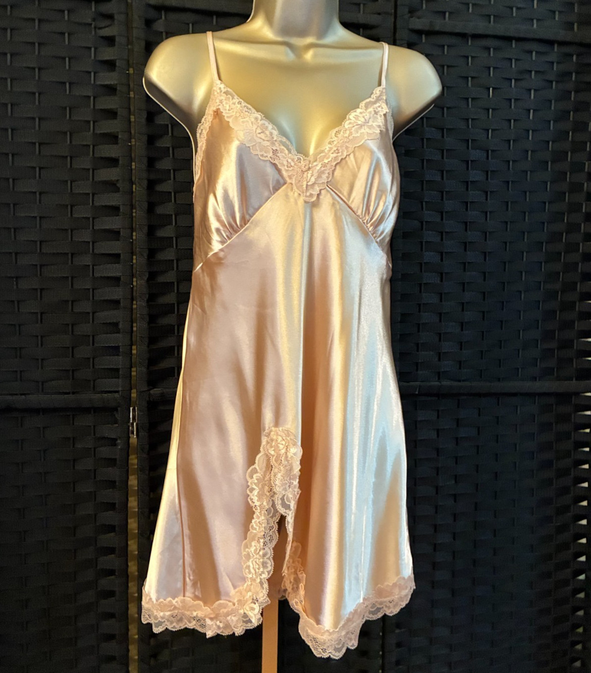 CHAMPAGNE SLIP CHEMISE NIGHTGOWN Large Short Lace Flirty Nightie LIQUID SATIN